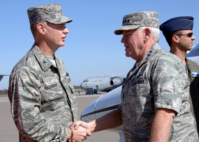 Col. John "Red" Millander, 437th Airlift Wing commander, greets Gen. Arthur Lichte, Air Mobility Command commander, on Charleston Air Force Base, S.C., Nov. 9 as he arrives for his first base visit since assuming command of AMC. (U.S. Air Force photo/Airman 1st Class Katie Gieratz)