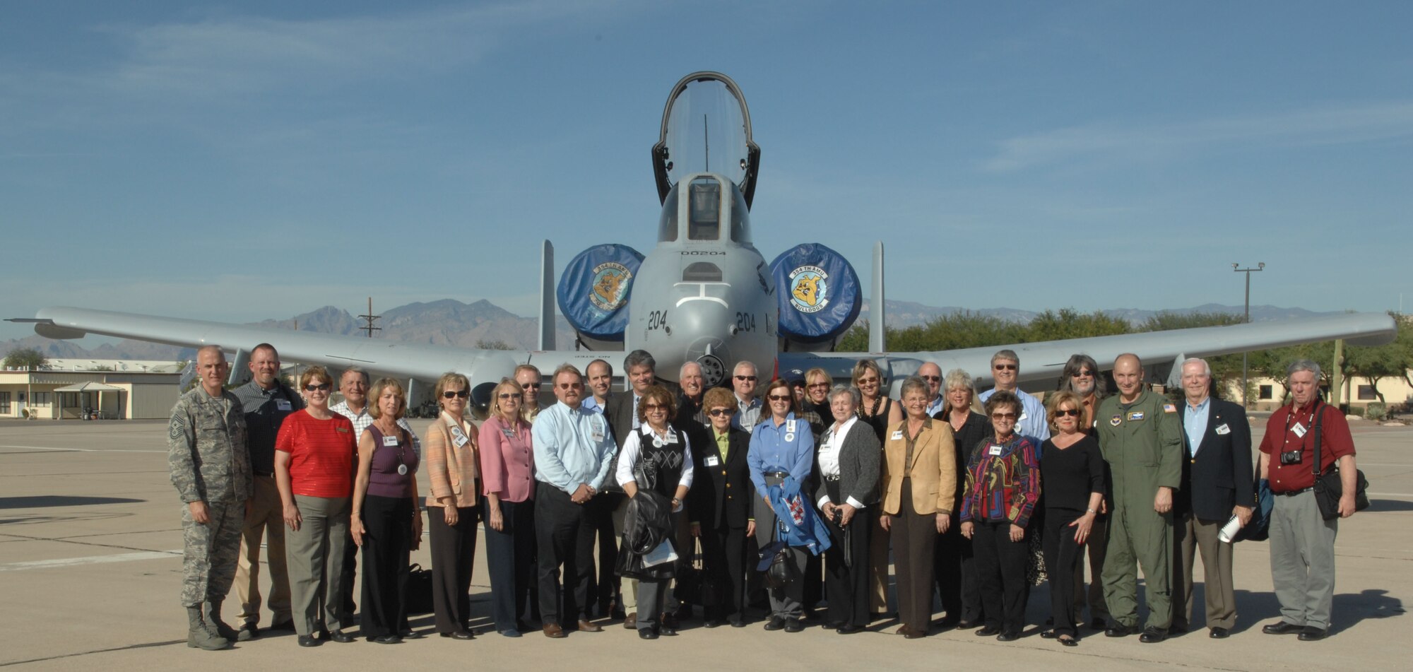 Approximately 33 civic leaders from Altus Air Force Base, Okla. visited D-M from Nov. 8 to 9. Col. Bruce McClintock, 355th Fighter Wing vice commander and Col. Walter Scales, 355th Operations Group deputy commander greeted the group as they deplaned. The distinguished visitors attended briefings and visited various locations on the installation as part of the Public Affairs Tour Program.  U.S Air Force photo by Airman 1st Class Melissa Copeland