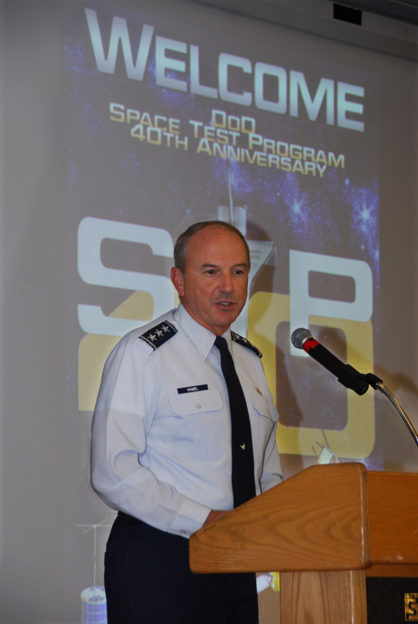 Air Force Space and Missile Systems Center Commander Lt. Gen. Michael Hamel delivers  keynote remarks at the recent Space Test Program 40th Anniversary. (Photo by Elizabeth Martinez, Kirtland AFB)