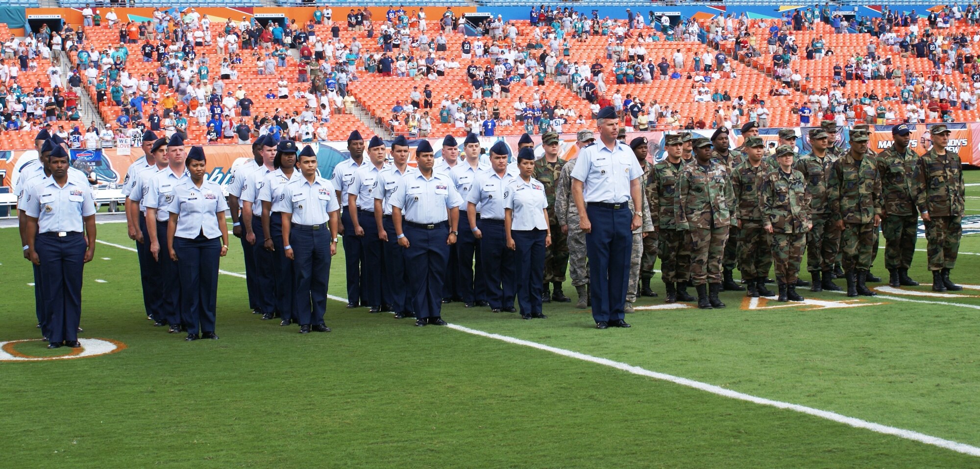 Members of the 482nd Fighter Wing, Homestead Air Reserve Base, Fla., and the 333rd Recruiting Squadron, Patrick Air Force Base, Fla., stand in formation at Dolphins Stadium Nov. 11.  More than 300 servicemembers took part in a joint armed services Veterans Day celebration during the Miami Dolphins vs. Buffalo Bills pregame show.  The event sponsored by the Veterans Administration honored all past, present and future veterans. (U.S. Air Force photo/Tim Norton)