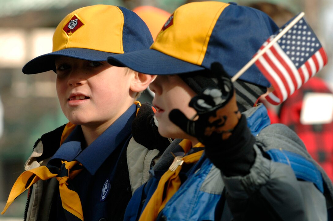 Members of the Cub Scouts Pack 74 march in their hometown during a parade in downtown Rapid City, S.D., Nov. 11, 2007.  Rapid City hosted this parade down Main Street in honor of all those who have served and are currently serving in the United States armed forces on Veterans Day.  (U.S. Air Force photo by SSgt Michael B. Keller)(Released)