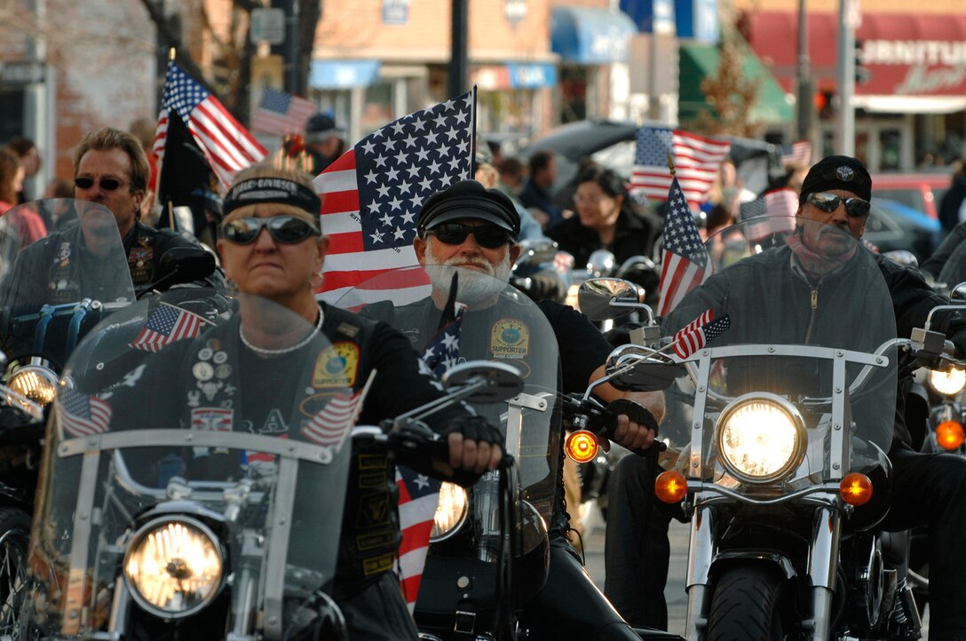 Members of the the Black Hills chapter of the Christian Motorcyclists Association ride in a parade in downtown Rapid City, S.D., Nov. 11, 2007.  Rapid City hosted this parade down Main Street in honor of all those who have served and are currently serving in the United States armed forces on Veterans Day.  (U.S. Air Force photo by SSgt Michael B. Keller)(Released)
