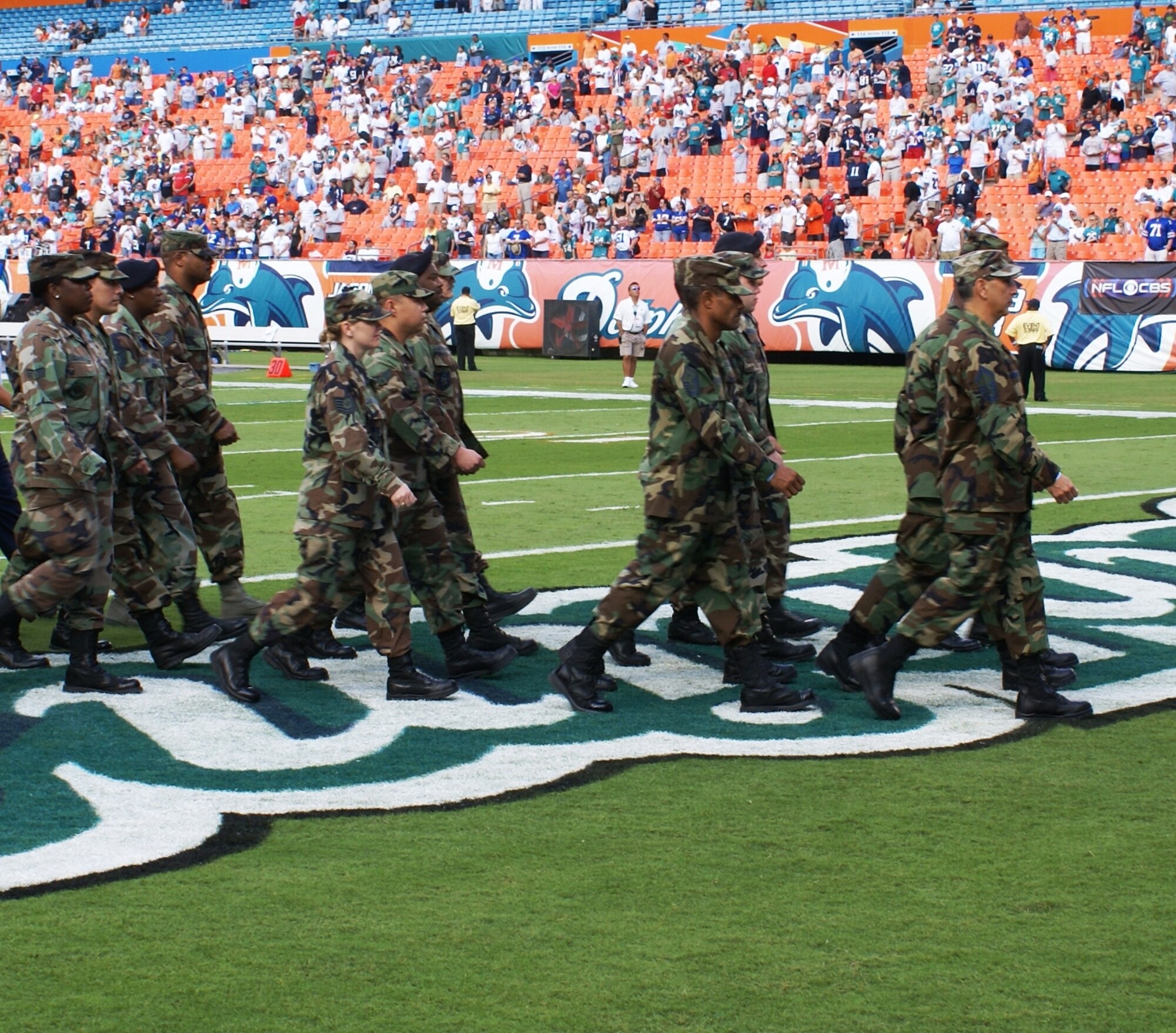 Members of the 482nd Fighter Wing, Homestead Air Reserve Base, Fla., march off the field at Dolphins Stadium Nov. 11.  More than 300 servicemembers took part in a joint armed services Veterans Day celebration during the Miami Dolphins vs. Buffalo Bills pregame show.  The event sponsored by the Veterans Administration honored all past, present and future veterans. (U.S. Air Force photo/Tim Norton)
