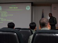 KUNSAN AIR BASE, South Korea--   Col. C.Q "Wolf" Brown 8th Fighter Wing commander, briefs pilots from the Republic of Korea Air Force's (ROKAF), 111th Fighter Squadron, along with pilots from the 8th Fighter Wing here Nov. 14. ROKAF pilots and Wolf Pack pilots trained together on a joint mission to give pilots from both countries a chance to work together and hone their war-fighting skills.  (U.S. Air Force Photo/Staff Sgt. Araceli Alarcon) 