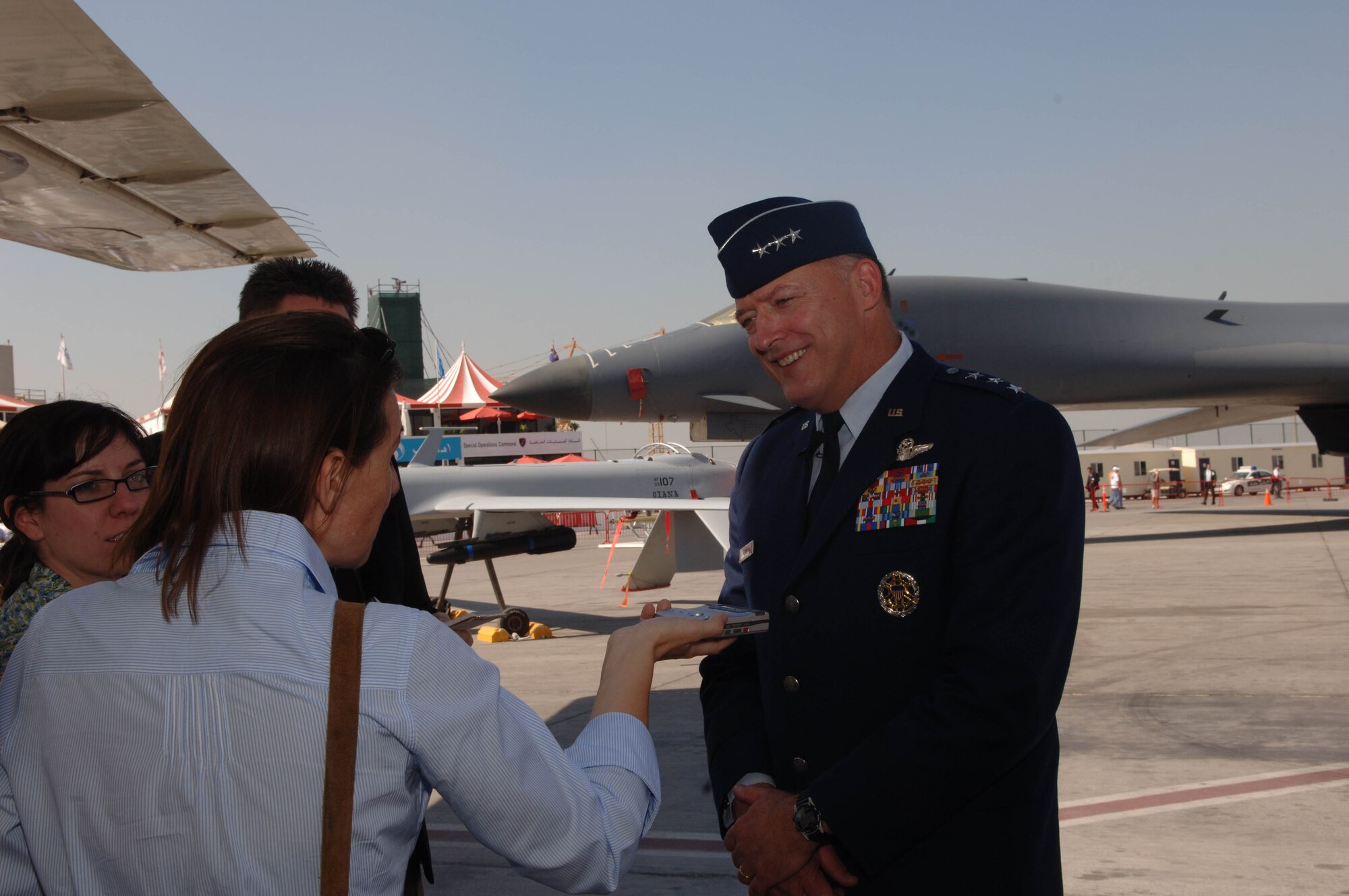 Lieutenant General Gary North, commander 9th Air Force and U.S. Central Command Air Forces, conducts an interview during the Dubai Air Show Nov. 12, 2007.  The United States military is providing of support for the 10th Edition of the Dubai Air Show from November 11-15, 2007.  Approximately 250 military members and a variety of U. S. Air Force and Navy aircraft will exhibit a snapshot of the U.S. military's diverse aircraft inventory. The United States military is a long-standing participant in the biennial Dubai Air Show.  (Air Force Photo by Tech. Sgt. Charlein C. Sheets)