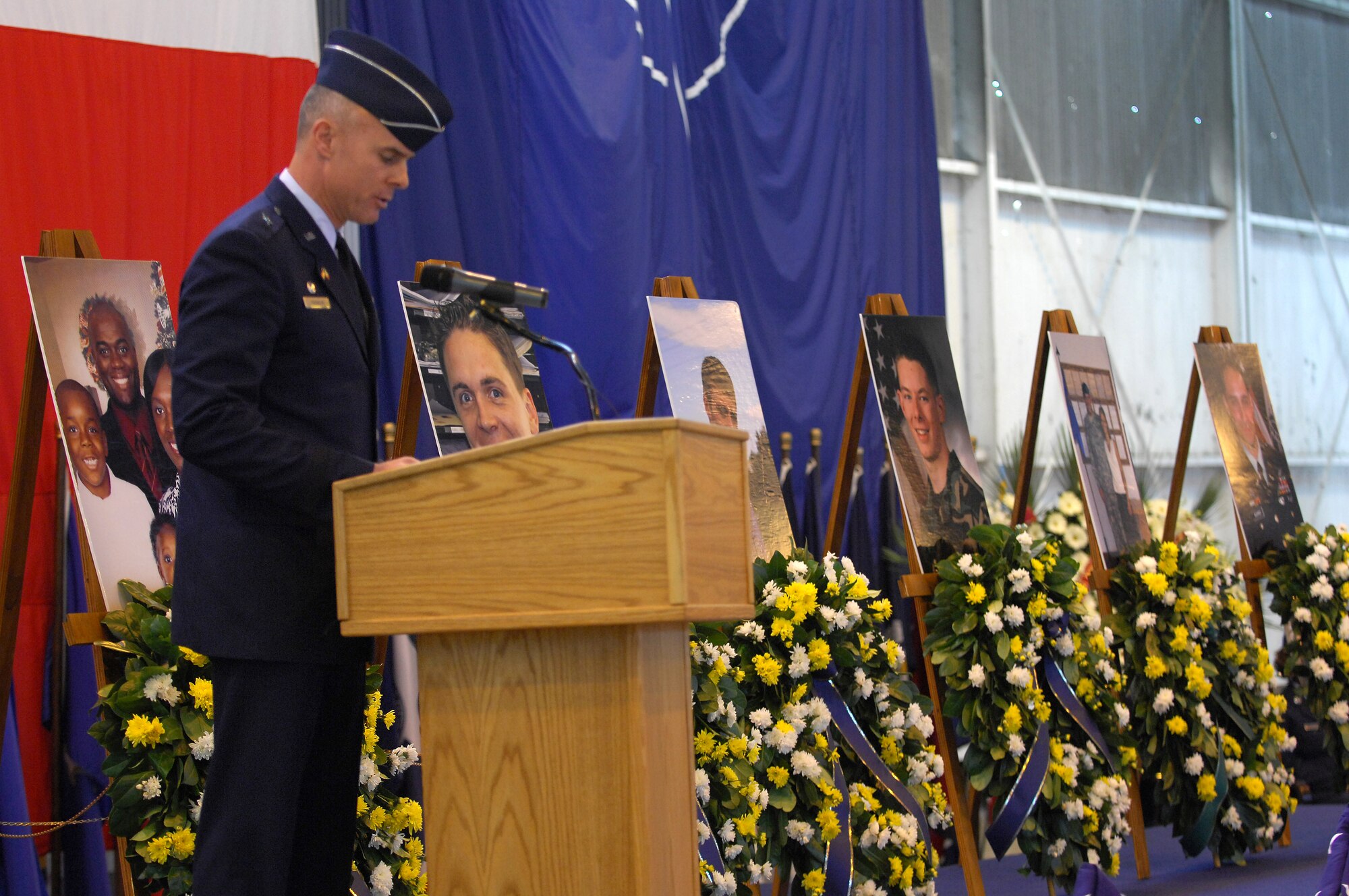 AVIANO AIR BASE, Italy-- At a memorial service Nov. 15, Brig. Gen. Craig Franklin, 31st Fighter Wing commander, paid tribute to the six servicemembers who lost their lives Nov. 8 in a tragic helicopter accident 22 miles south of Aviano Air Base. (U.S. Air Force photo/Staff Sgt. Michael R. Holzworth) 
