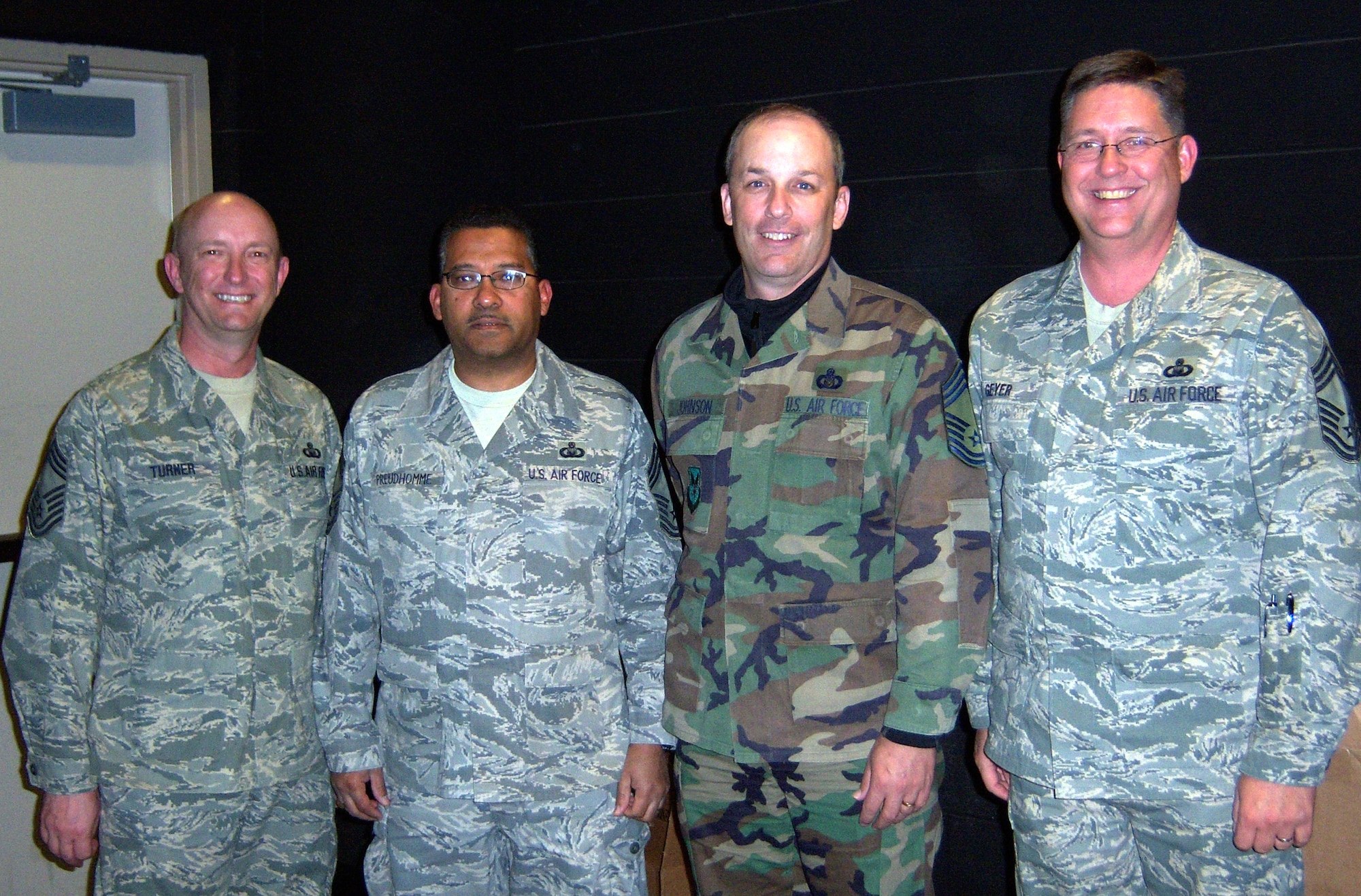 Four of the Air Force chaplain assistant career field functional managers gathered at Fort Dix Nov. 8 for a staff visit to learn more about Advanced Contingency Skills Training as well as talk to students in the class.  The unique E-9 quorum included Chief Master Sgts. Scott Turner, Air Education and Training Command, Geoffrey Preudhomme, Air Combat Command, Chuck Johnson, Air Force functional manager, and Russ Geyer, Air Mobility Command.  (U.S. Air Force Photo/Staff Sgt. Jennifer Rose)