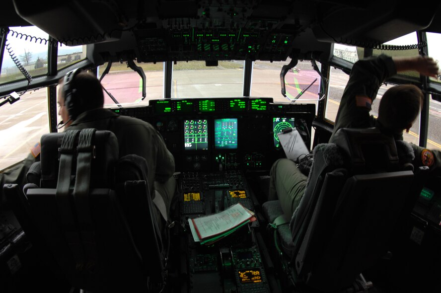 Lieutenant Col. Todd Oliver (left) and his wingman prepare for take off in the new C-130J model aircraft Nov. 8 on Ramstein Air Base, Germany. Starting 2009-2011 the C-130J will began to replace the aging C-130Es at Ramstein. (U.S. Air Force photo/Airman 1st Class Kenny Holston)