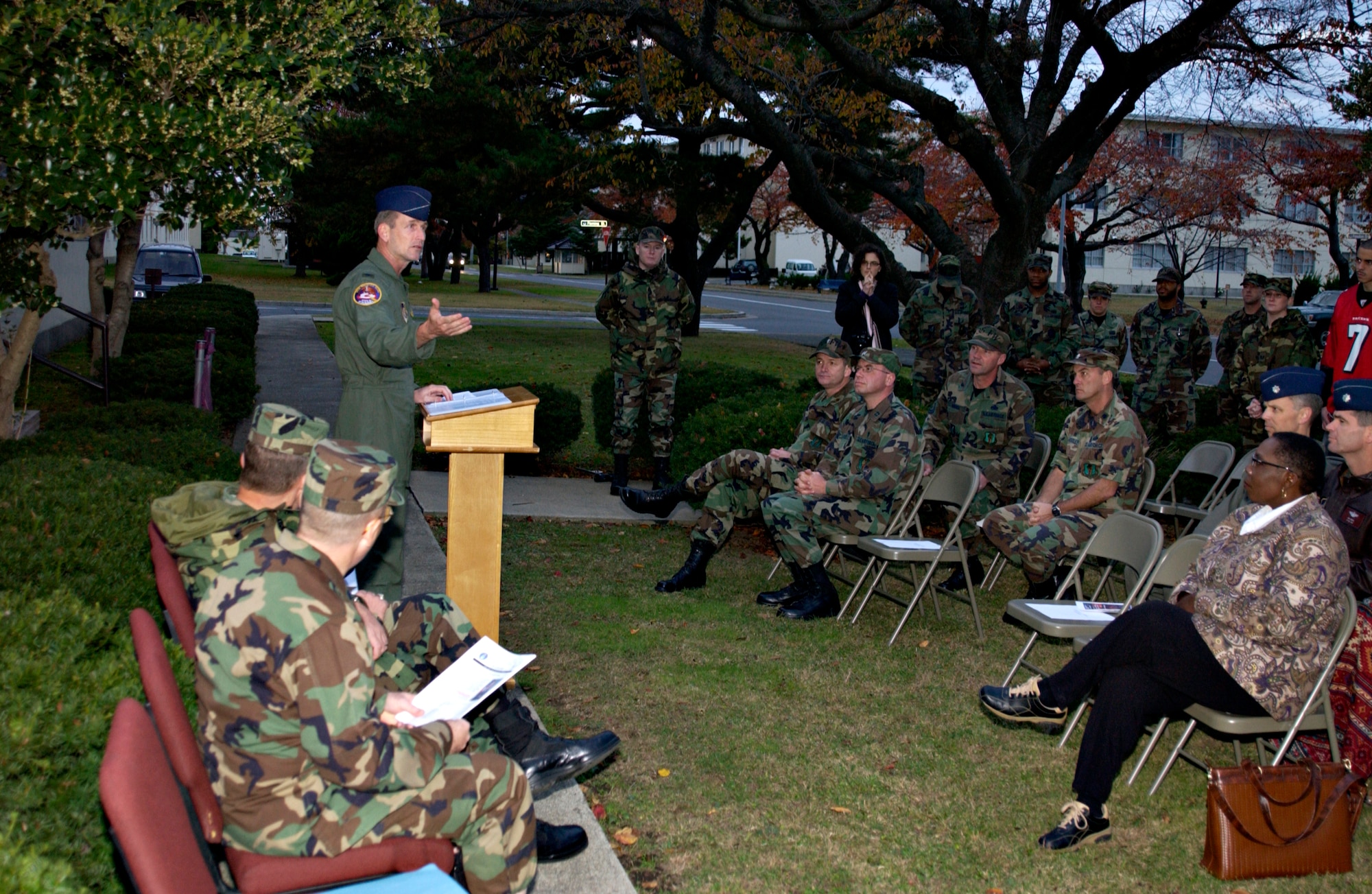 MISAWA AIR BASE, Japan -- Col. Terrence O'Shaughnessey, 35th Fighter Wing Commander, speaks to attendees at the Four Chaplains Center ribbon cutting Nov. 9, 2007. The Four Chaplains Center is a place for single military members to go and socialize in an uplifting environment. (US Air Force photo by Airman 1st Class Eric Harris)