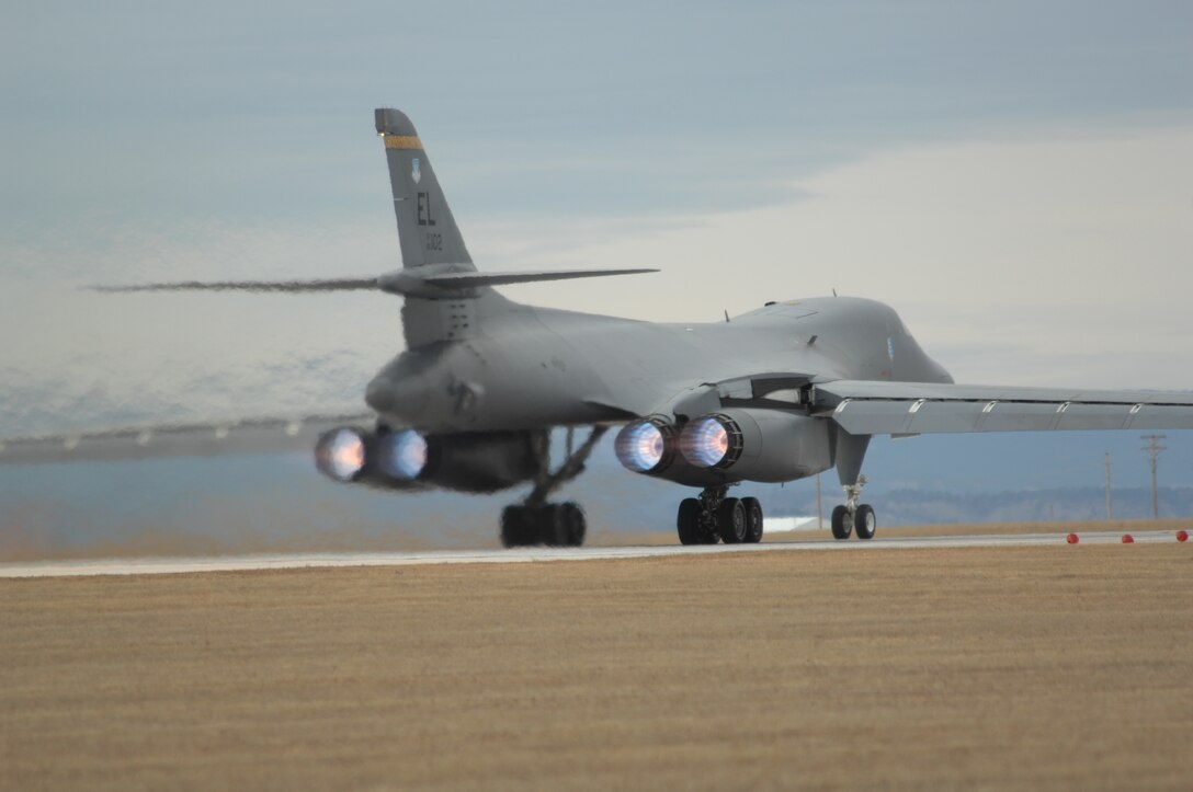 A 37 Bomb Squadron B-1 Bomber begins take off Nov. 16 during the operational readiness inspection.  The inspection, which evaluates the base's war-time mission readiness, kicked off Nov. 14 at Ellsworth Air Force Base, S.D. (U.S. Air Force photo/Airman 1st Class Anthony Sanchelli)
