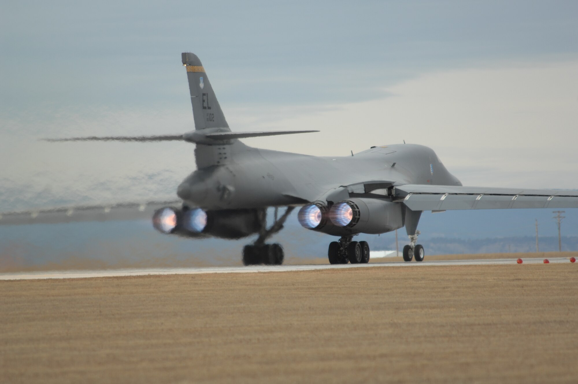 A 37 Bomb Squadron B-1 Bomber begins take off Nov. 16 during the operational readiness inspection.  The inspection, which evaluates the base's war-time mission readiness, kicked off Nov. 14 at Ellsworth Air Force Base, S.D. (U.S. Air Force photo/Airman 1st Class Anthony Sanchelli)