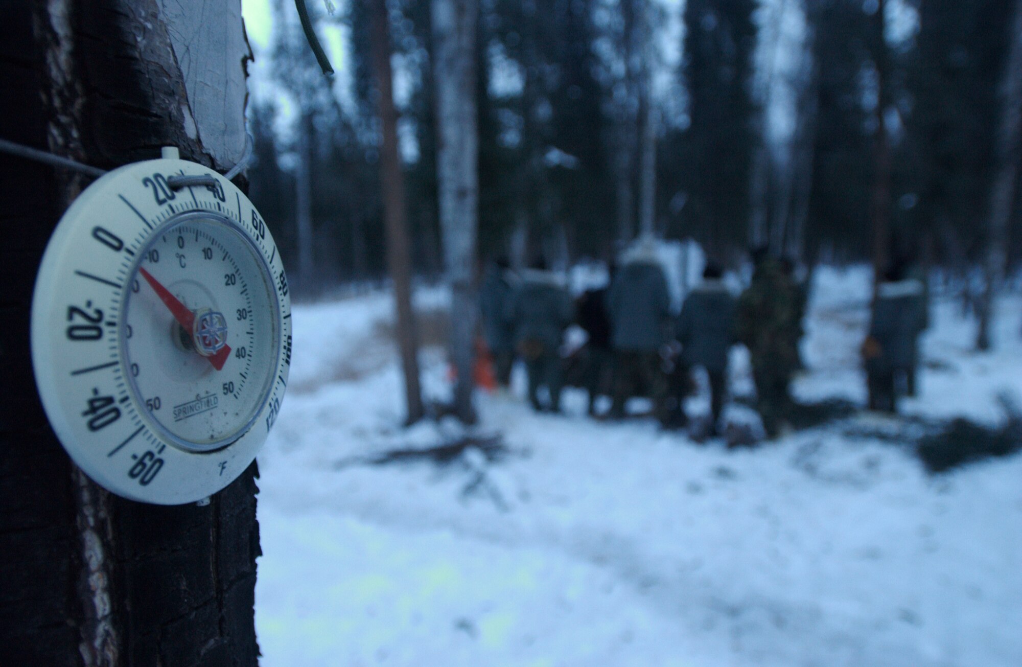 EIELSON AIR FORCE BASE, Alaska-- The air temperature during the second day of the Arctic Survival Training Course held Nov. 15, 2007 shows one degree fahrenheit. The survival course teaches members how to survive in a severe cold climate. The course consists of shelter building, identifying safe food found in nature, how to stay warm, and how to correctly signal for help. The Arctic Survival Course is conducted at Eielson AFB by Det. 1, 66th Training Squadron. (U.S Air Force photo by Staff Sgt Eric T. Sheler)