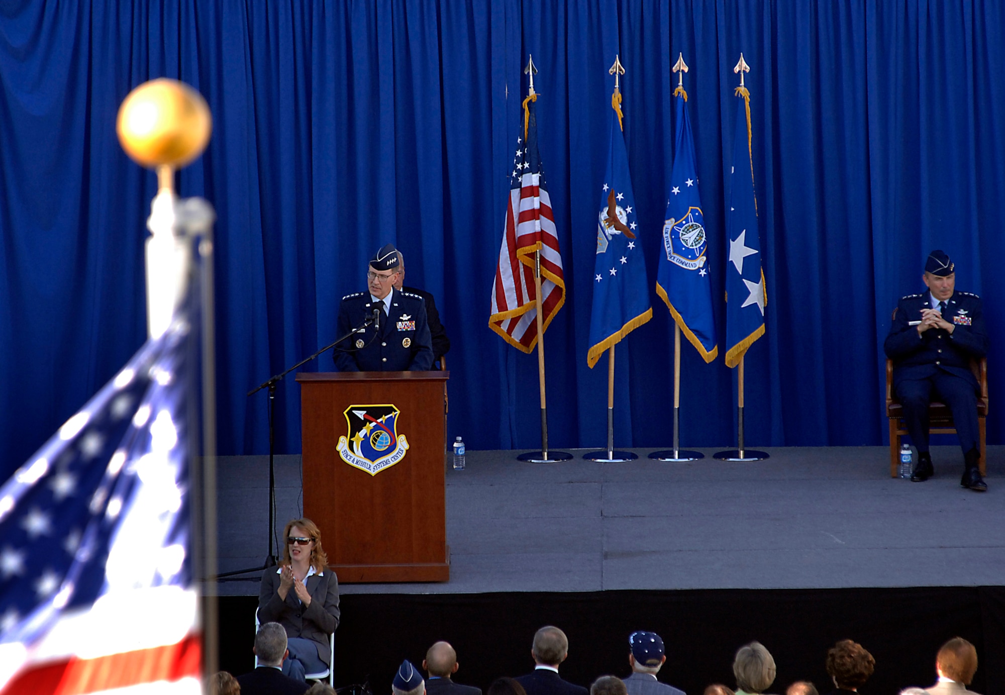 Gen. C. Robert Kehler, Air Force Space Command commander, spoke at a ceremony to dedicate a statue of the late General Bernard A. Schriever at Los Angeles AFB, Nov. 15.  General Schriever is considered the father of the Air Force’s space and missile program. The statue was donated to SMC by the Air Force Association’s Schriever Chapter. (Photo by Joe Juarez)