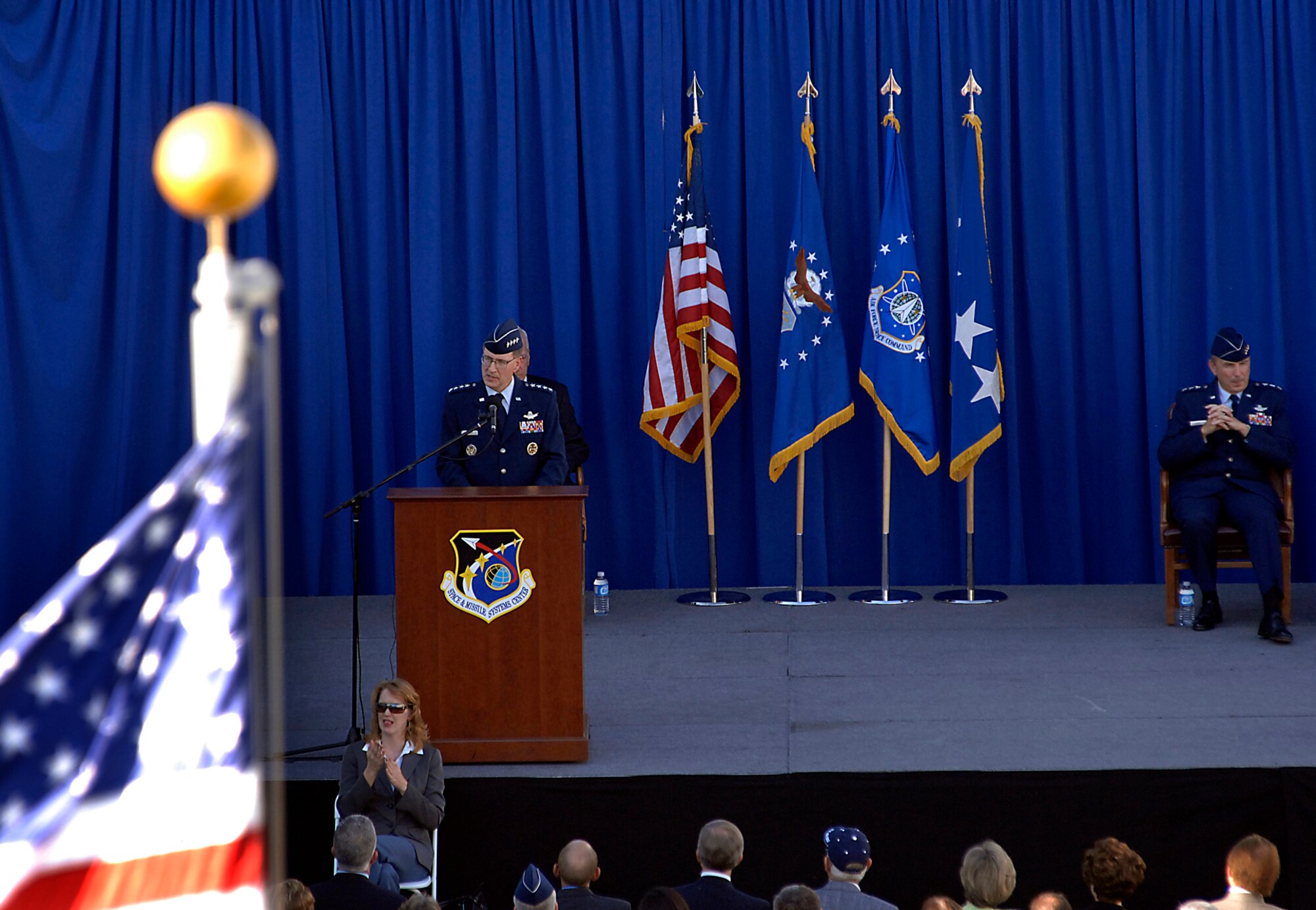 Gen. C. Robert Kehler, Air Force Space Command commander, spoke at a ceremony to dedicate a statue of the late General Bernard A. Schriever at Los Angeles AFB, Nov. 15.  General Schriever is considered the father of the Air Force’s space and missile program. The statue was donated to SMC by the Air Force Association’s Schriever Chapter. (Photo by Joe Juarez)