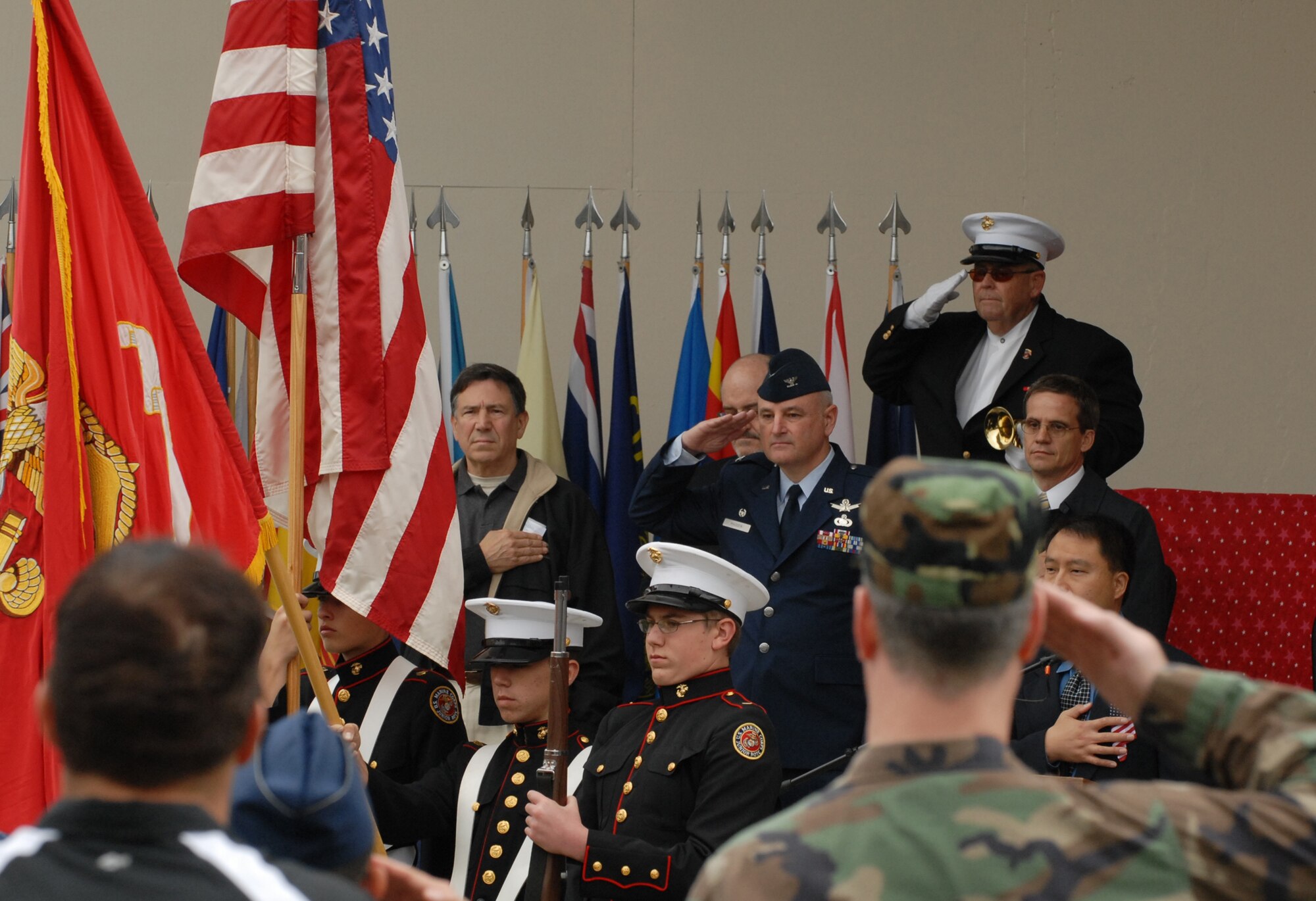 Members of the Redondo Union High School Junior ROTC Program present the colors at Redondo Beach’s fifth Annual Veterans Day Tribute. Col. David Madden, GPS Wing commander, was the keynote speaker. (Photo by Stephen Schester)