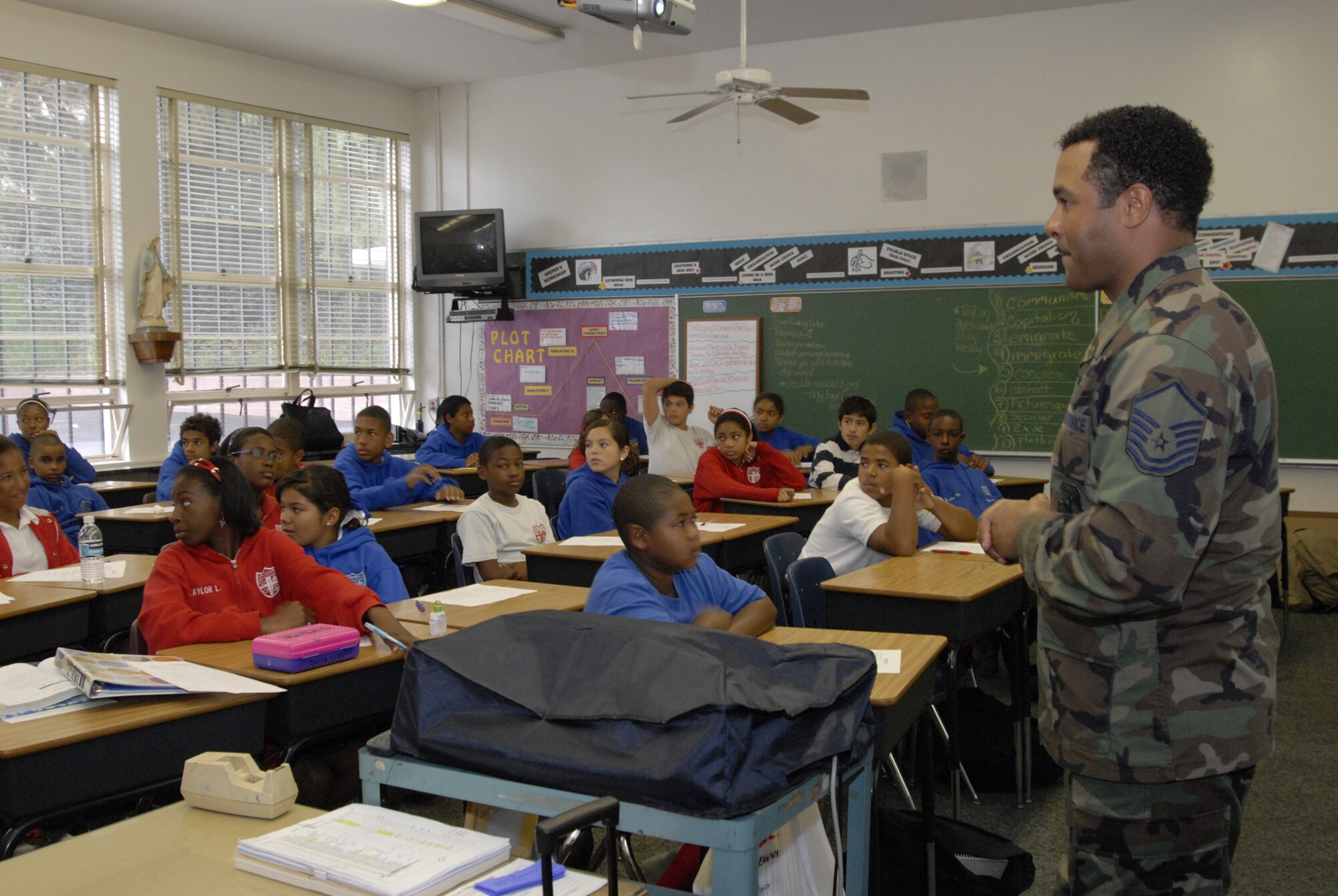Master Sgt. Ricardo Wright, 61st Communications Squadron, talks to students at St. Jerome’s Catholic School in Westchester. Approximately 20 military members, including ten Air Force personnel, spoke to students about their military career and the importance of education. The service members were recognized as a group at a school assembly. (Photo by Joe Juarez)