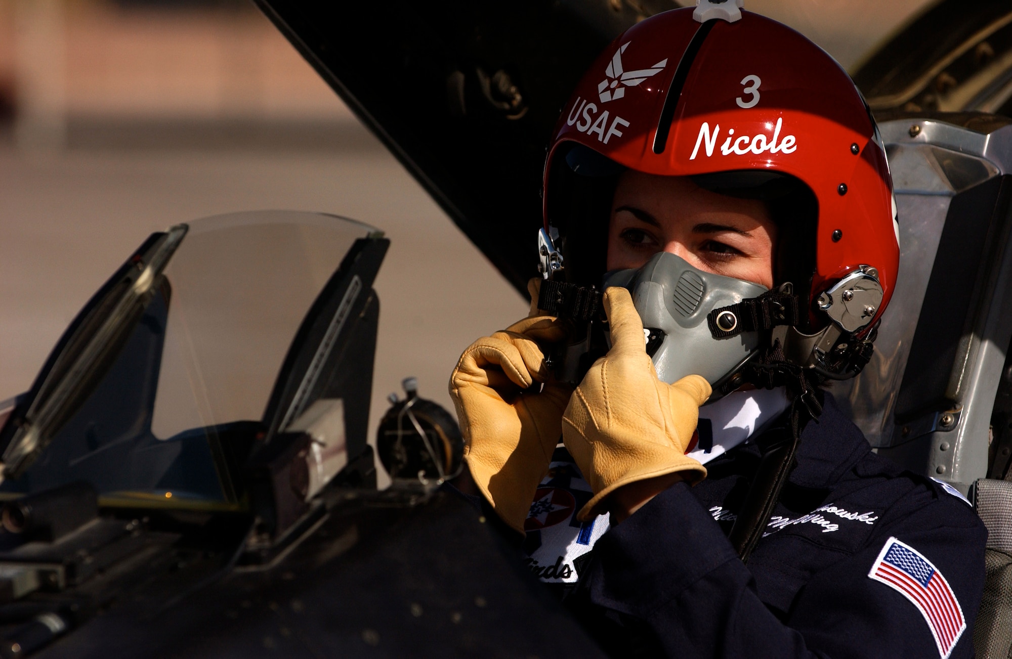 Maj. Nicole Malachowski prepares to take off for a practice sortie with the Thunderbirds in an F-16 Fighting Falcon. Major Malachowski is the Thunderbird #3 right wing pilot and just finished her two-year tour with the Air Force Demonstration Squadron. (U.S. Air Force photo/Tech. Sgt. Justin Pyle) 
