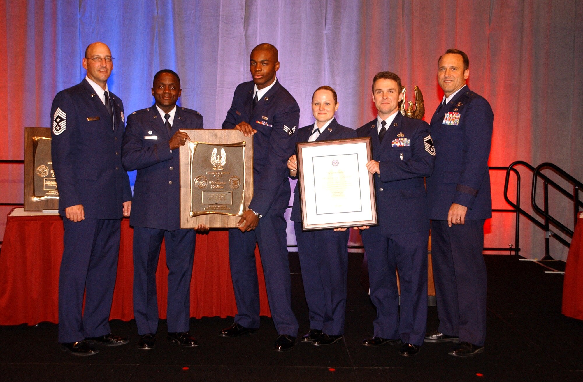 Chief Master Sgt. Mitchell Stippel, Col. Algene Fryer, Senior Airman Ntungwe Sobe, Tech. Sgt. Lynette Castillo, Senior Master Sgt. Darren Dykes and Brig. Gen. Tom Jones stand holding the plaques they received at the Department of Defense Maintenance Awards ceremony Nov. 15 in Orlando, Fla. The award named Luke Air Force Base?s 56th Maintenance Group as one of the DOD?s top six maintenance organizations for 2007.  U.S. Air Force photo/2nd Lt. Bryan Bouchard)