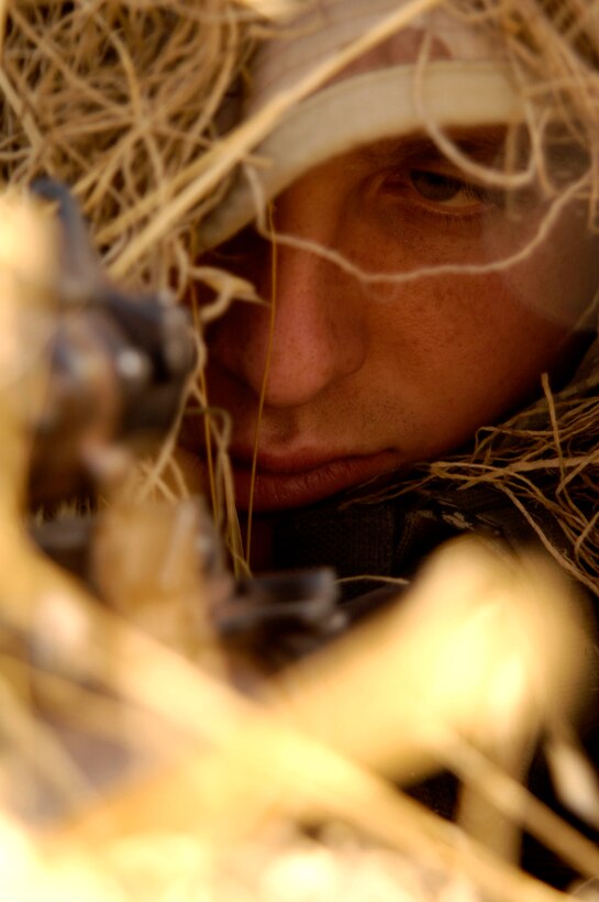 Airman 1st Class Matt Leeper demonstrates how camouflaged gilly suits blend into their surroundings while setting up surveillance for terrorist activity Nov. 14 in Iraq. The 506th Expeditionary Security Forces Squadron at Kirkuk Air Base, Iraq, houses a close precision engagement team of Air Force snipers who train as anti-sniper teams to target terrorist and insurgent snipers attacking U.S. and coalition forces in the area. Airman Leeper is from the 354th Security Forces Squadron at Eielson Air Force Base, Alaska, deployed to Kirkuk Air Base, Iraq, as a member of the 506th Expeditionary Security Forces Squadron. (U.S. Air Force photo/Staff Sgt. Angelique Perez)
