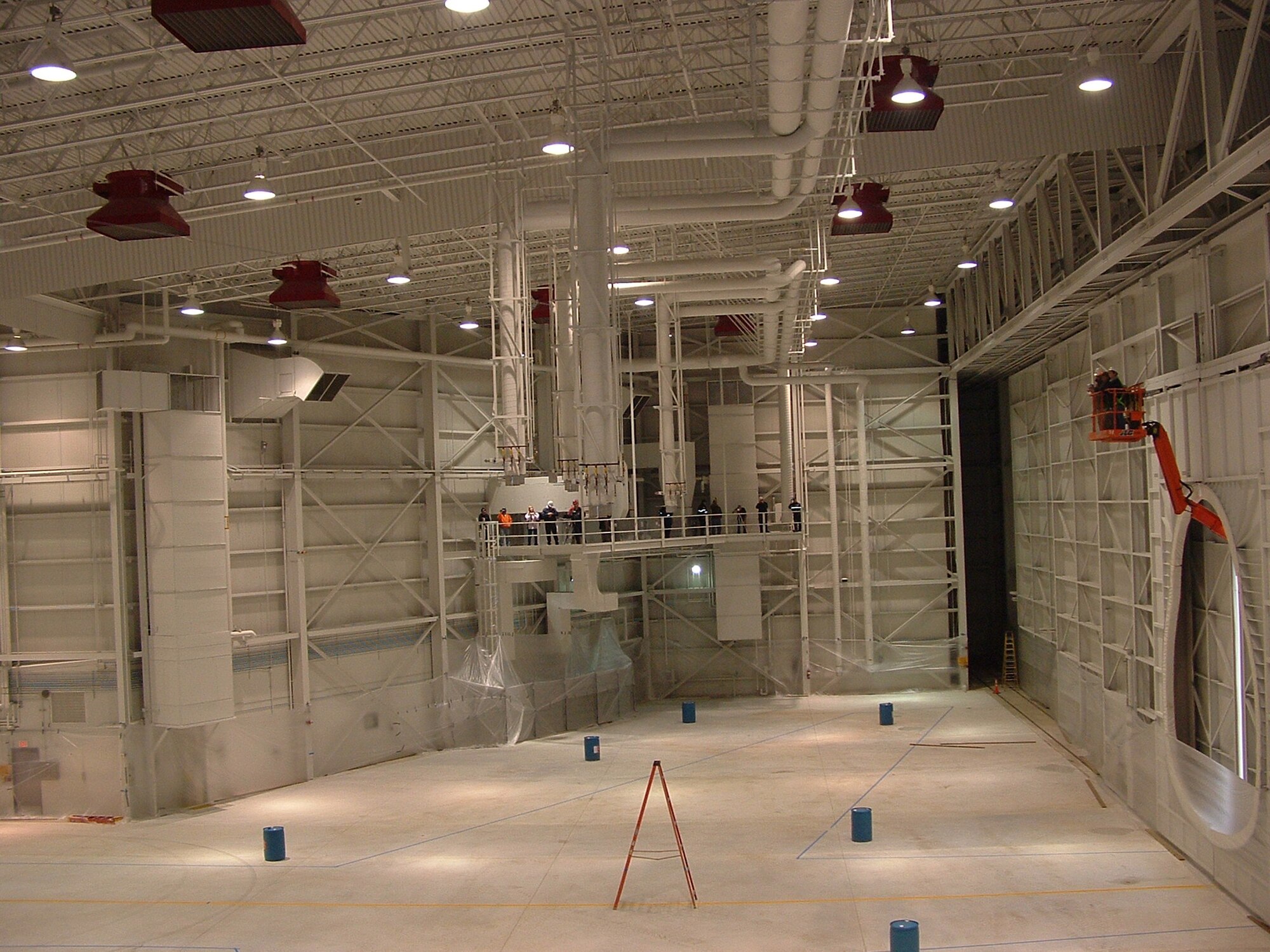 WRIGHT-PATTERSON AFB, Ohio - The 445th Airlift Wing's new Fuel System Maintenance Hangar is prepared for a final fire suppression foam test Nov. 15, 2007, before the hangar is turned over to the wing.  The Fuels hangar will be the first hangar completed since the 445th has aquired the C-5 Galaxy aircraft.  The $65 million construction project accomodates the wing's ten C-5s and includes two new tail-in hangars, the fuels hangar, a new squadron operations building, along with other renovations. (U.S. Air Force photo/Master Sgt. Randel Cunigan)  