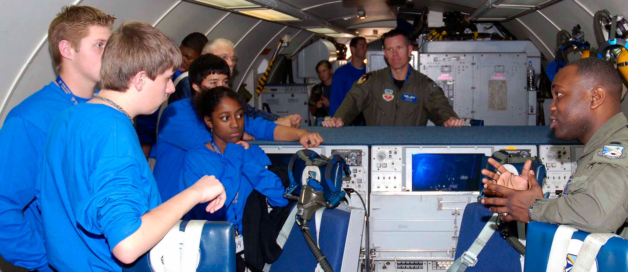 DelQuest students got an up-close look at the inside of an E-3 Sentry and quizzed 552nd Air Control Wing members on all aspects of their jobs. (Air Force photo by Dave Faytinger)
