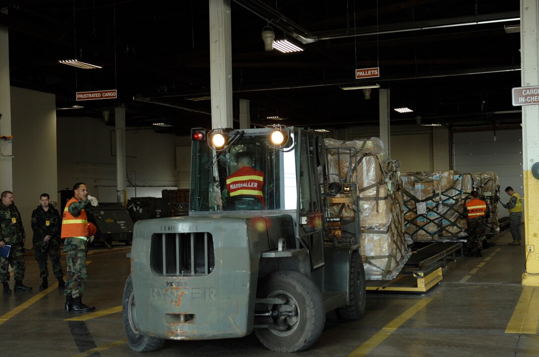 Senior Airman Steven Wachlin, 28th Services Squadron, marshals in cargo while, Staff Sgt. Johnny Thompson, 28th Logistics Readiness Squadron, spots the cargo during an operational readiness inspection at Ellsworth Air Force Base, S.D., Nov. 15, 2007. The cargo deployment function is responsible for ensuring all cargo is properly documented and secured for transportation. (U.S. Air Force photo/Senior Airman Angela Ruiz)
