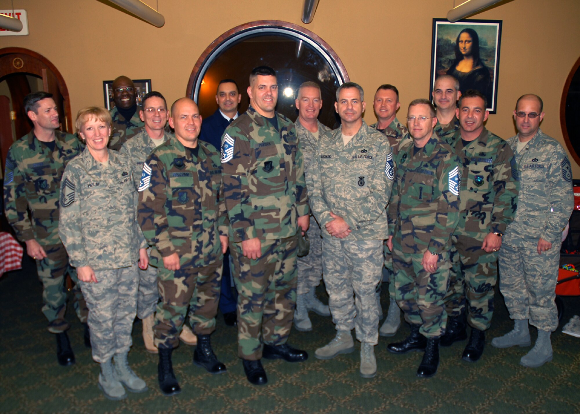 OSAN AIR BASE, Republic of Korea -- Osan Chief Master Sergeants pose with Osan Air Base's newest Chief Master Sergeant selects, (left to right), Senior Master Sgt. John M. Holcomb, 51st Civil Engineering Squadron, Senior Master Sgt. Todd G. Preisch, 51st Maintenance Group, Senior Master Sgt. David A. Makowski, 51st Security Forces Squadron, and Senior Master Sgt. Robert A. Benton, 51st Maintenance Squadron.  (U.S. Air Force photo by Senior Master Sgt. Marvin Krause))