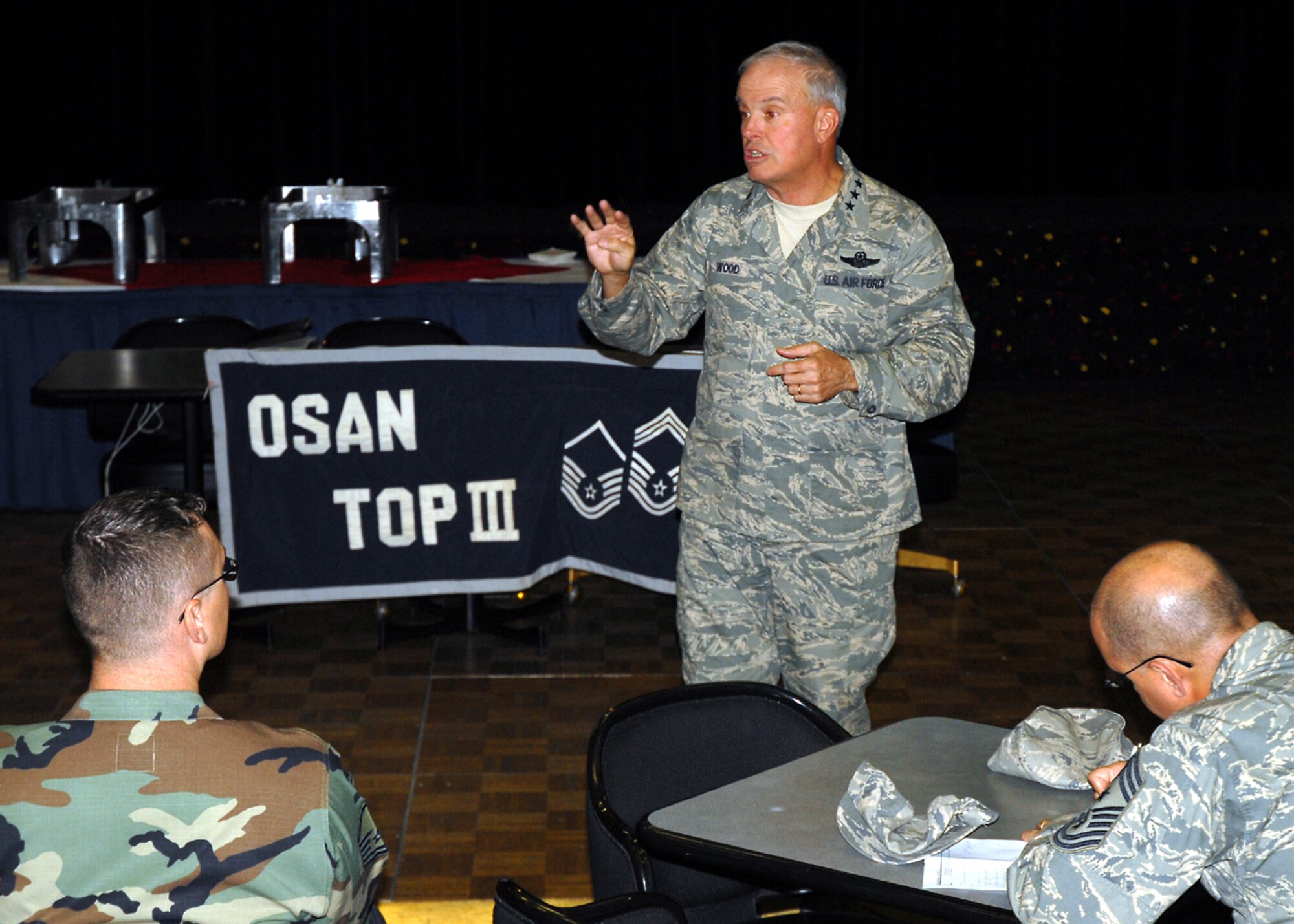 OSAN AIR BASE, Republic of Korea -- Lt. Gen. Stephen G. Wood Commander, Seventh Air Force, briefs current Air Force and pennisula issues to Osan's Top 3 membership.  General Wood also answered several questions concerning Airmen health, morale and welfare topics.  General Wood also explained his priorites for Seventh Air Force as mission accomplishment and improving quality of life programs for Airmen and their families.  He also stressed to everyone to be an active wingman and focusing on winter safety during the upcoming holiday season.  (U.S. Air Force photo by Senior Master Sgt. Marvin Krause)