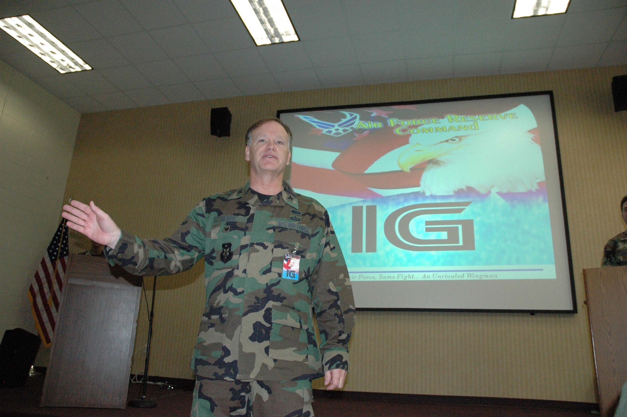 McGuire Air Force Base, N.J. --  Air Force Reserve Command Inspector General Team Chief, Colonel Jon Berrie congratulates the 514th Air Mobility Wing on their positive performance during the Unit Compliance Inspection held Nov. 13-18. (U.S. Air Force photo/Master Sgt. Chuck Kramer)