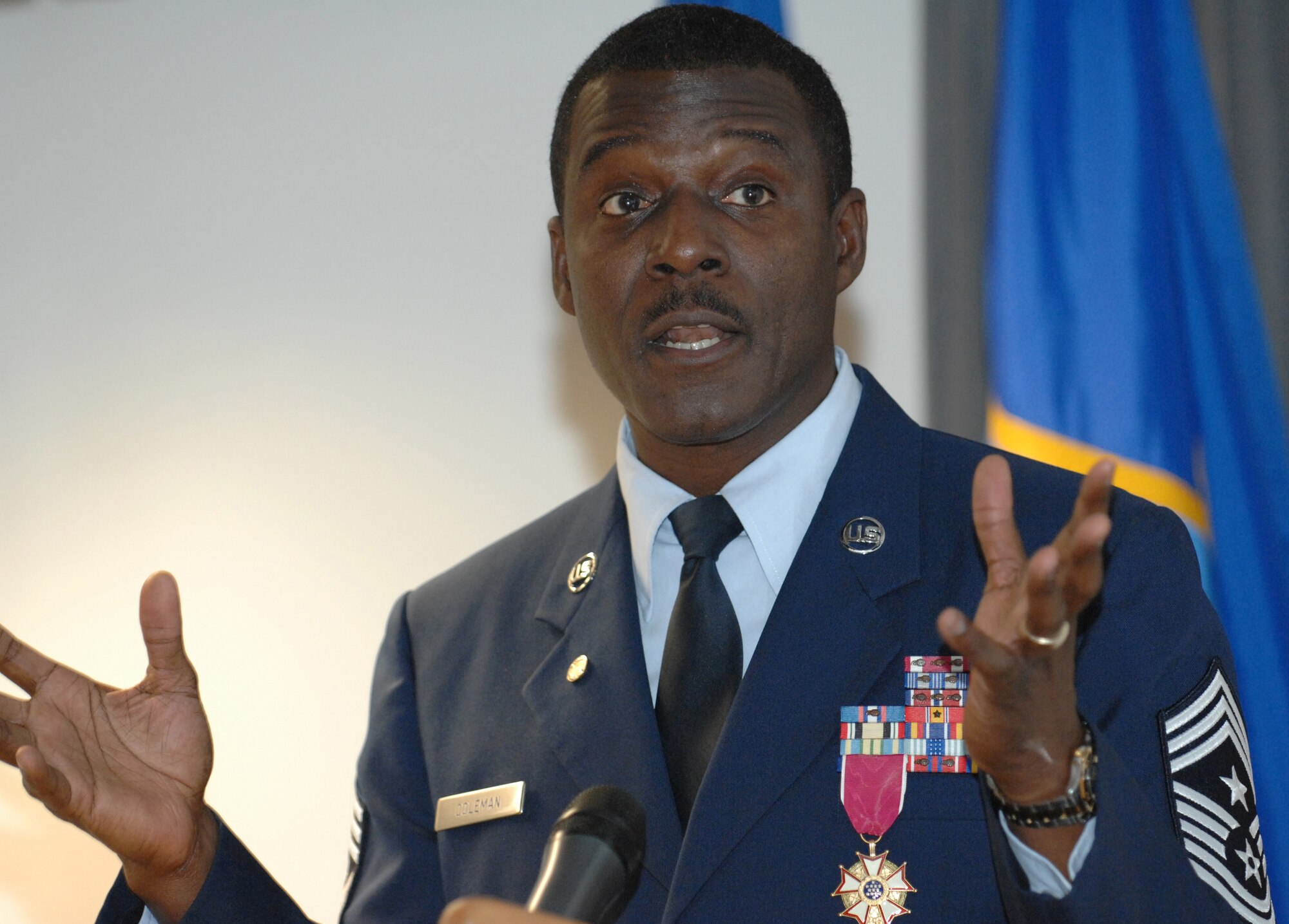USAFE Command Chief Master Sergeant Gary G. Coleman delivers words of wisdom during his retirement ceremony at the Kisling Non-commissioned Officer Academy auditorium at Kapaun Air Station, Germany honoring his 30 years of military service.  The chief’s retirement is effective May 1, 2008. (U.S. Air Force photo by Tech Sgt. Corey Clements)