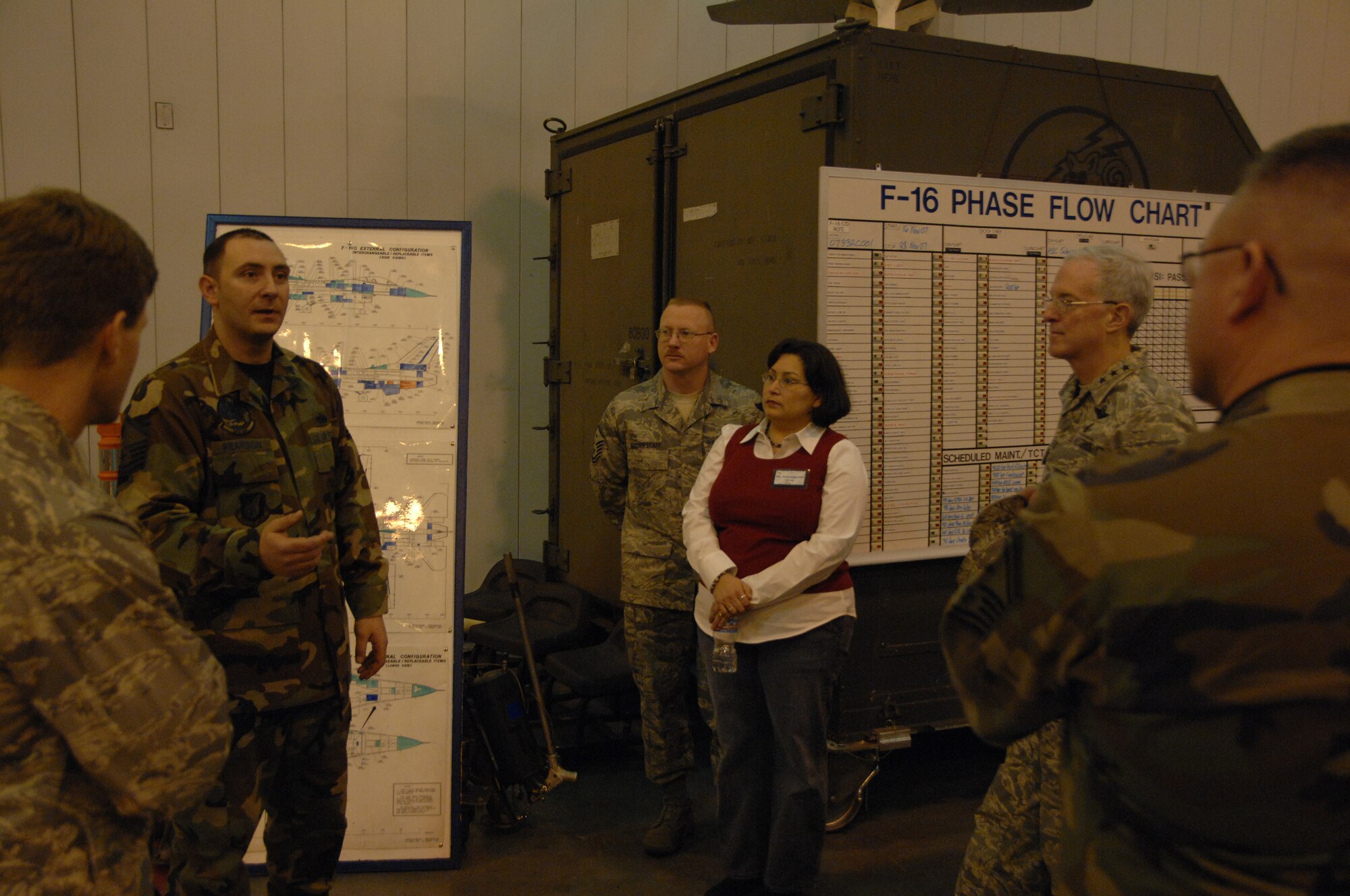 EIELSON AIR FORCE BASE, Alaska -- Master Sgt. David Pearson, 354th Aircraft Maintenance Squadron inspection section chief, explains to Brig. Gen. Mark Graper, 354th Fighter Wing commander, and others attending the Leadership Symposium, the important role the maintainers play in keeping the F-16 Fighting Falcons in the air Nov. 16, 2007. The Leadership Symposium is held once a year offering insight to commanders, chiefs, and their spouses on the roles of different organizations of the 354th Fighter Wing and the purpose they serve. (U.S. Air Force photo by Airman 1st Class Christopher Griffin)