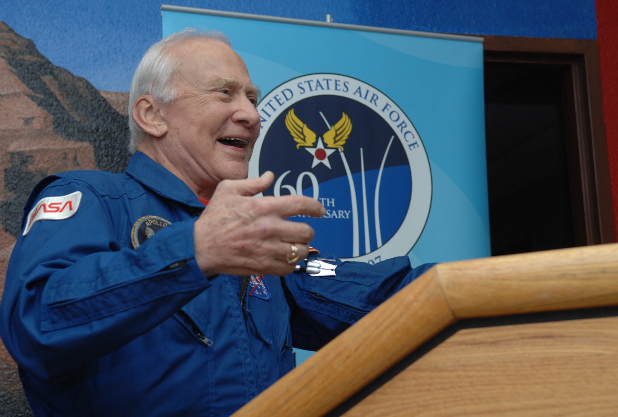 Retired Air Force colonel and former NASA astronaut Buzz Aldrin, recounts his aviation experiences to commemorate the Air Force’s 60th anniversary during a press conference at the Nellis AFB 2007 air show, Nov. 9. (U.S. Air Force photo by Senior Airman Larry E. Reid Jr.)