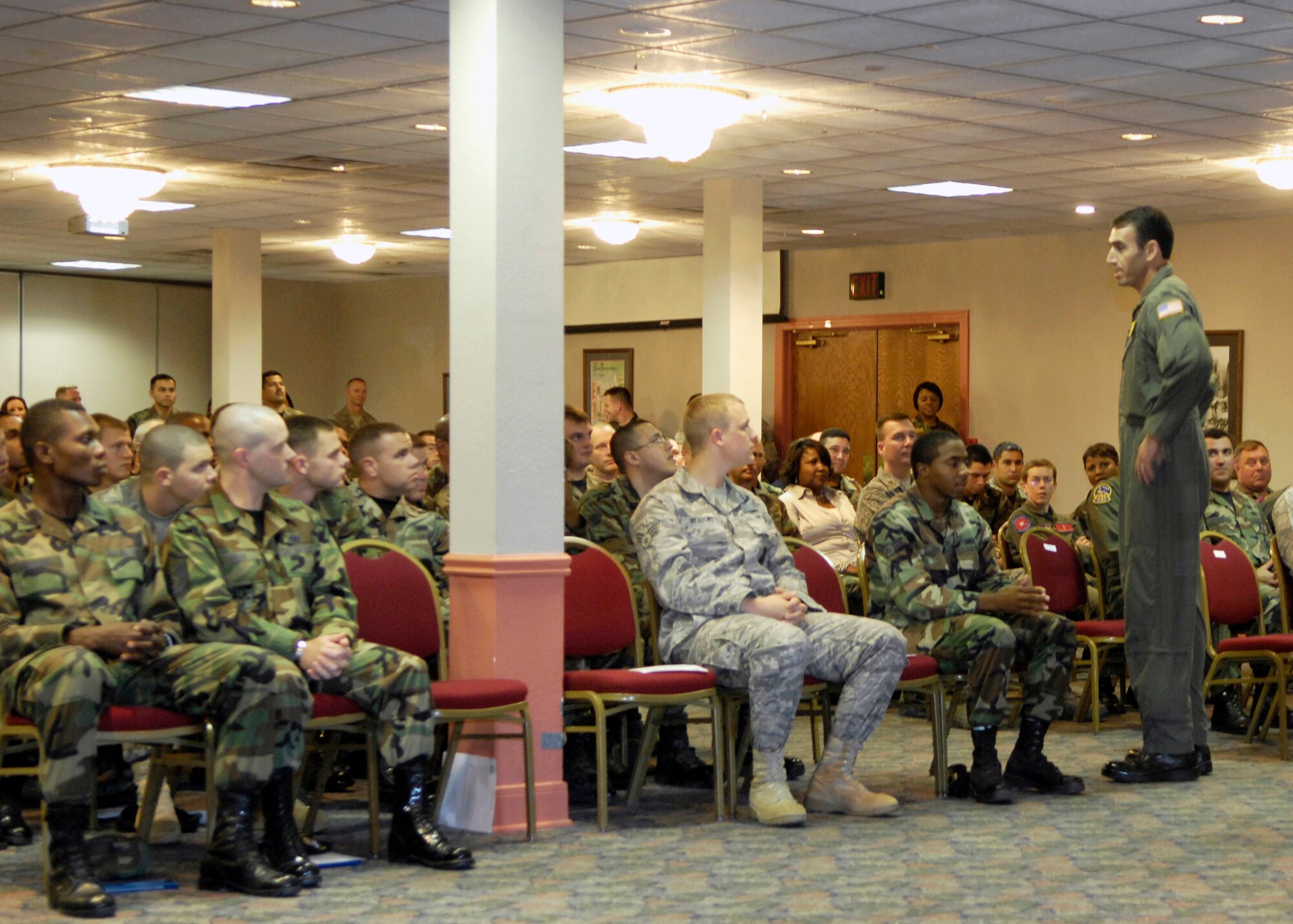LAUGHLIN AIR FORCE BASE, Texas – “You know, I’ve got the best job in the whole world,” said Col. Mike Minahan as he addresses Laughlin Airmen at a recent monthly Enlisted Recognition Ceremony. Colonel Minahan was selected to serve as the Executive Officer to U.S. European Command Deputy Commander Vice Admiral Richard Gallagher at USEUCOM Headquarters in Stuttgart, Germany.  Colonel Minahan will be replaced by Col. John W. Doucette, who is currently serving as Vice Commander of the 33d Fighter Wing at Eglin AFB, Fla. (U.S. Air Force Photo/Jose Mendoza) 