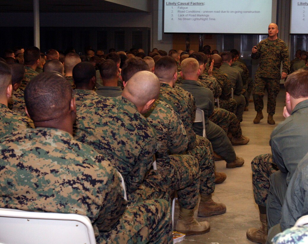 NAVAL SUPPORT FACILITY INDIAN HEAD, Md.?Gunnery Sgt. Trenton Widdis, company gunnery sergeant, Company B, Chemical Biological Incident Response Force, II Marine Expeditionary Force, speaks to Marines and sailors about safety at a safety brief here Nov. 20.  CBIRF Marines learned about motorcycle safety, suicide prevention and vehicle safety. Safety is a top priority for Marine Corps commands, and there are several resources Marines and sailors can use to minimize off-duty incidents including logging on to www.safetycenter.navy.mil.