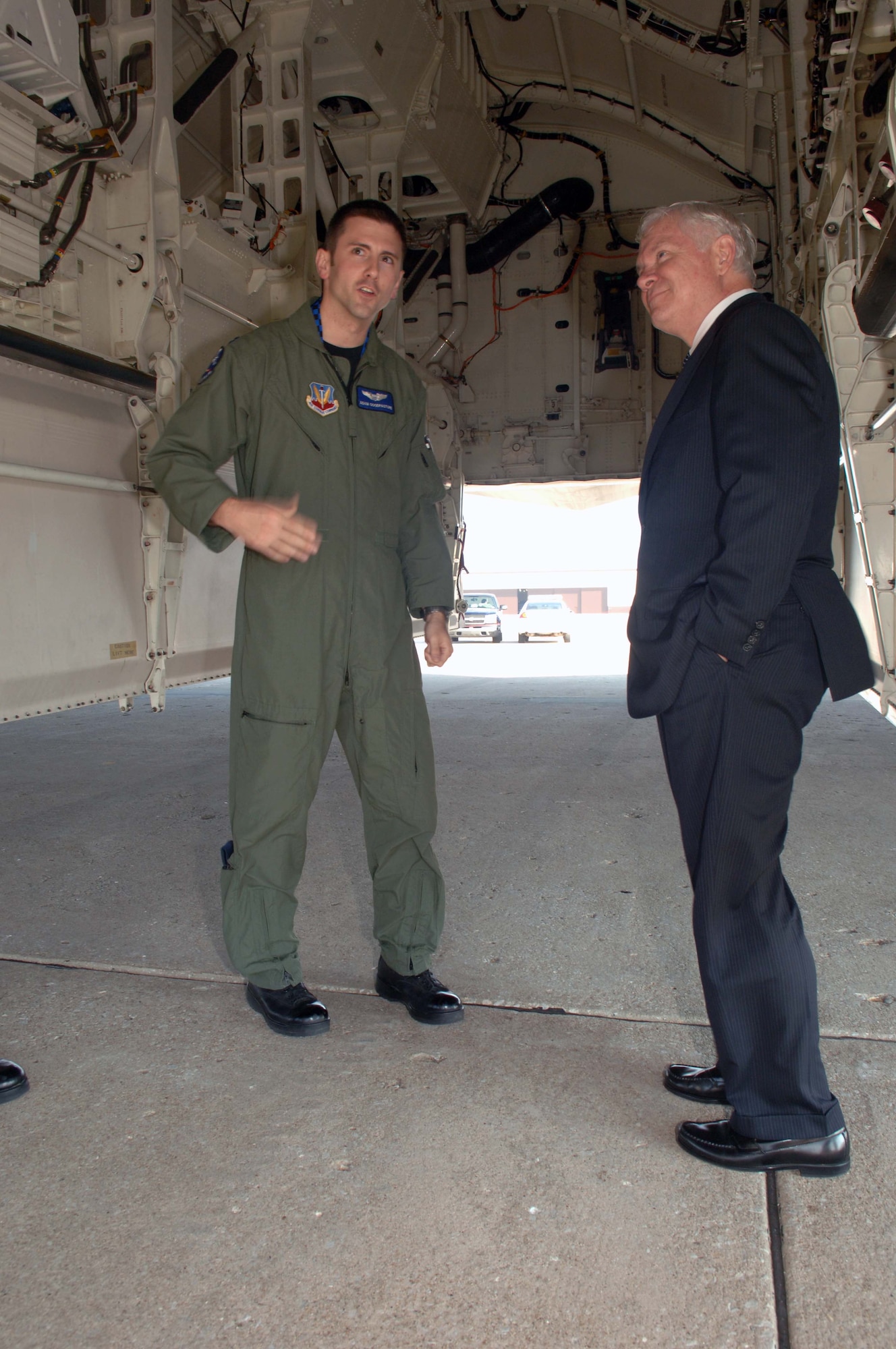 WHITEMAN AIR FORCE BASE, Mo. - Capt. Adam Goodpasture, 13th Bomb Squadron, gives Secretary of Defense Robert M. Gates a tour of a B-2 Nov. 20.  (U.S. Air Force photo/Staff Sgt. Felicia R. Haecker)

