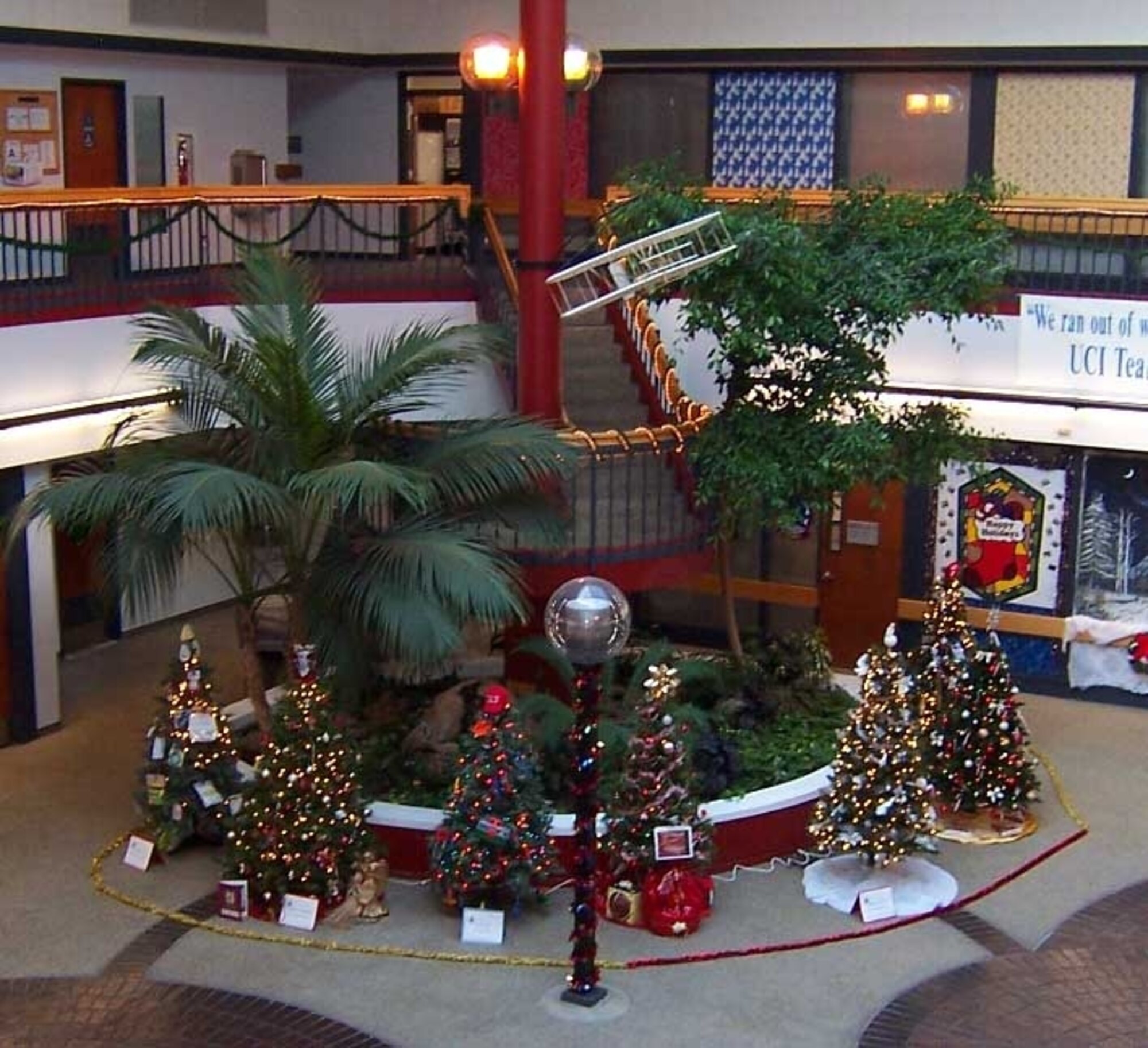 Trees from last year’s Travis Fisher House Holiday Tree Festival and Auction fill the atrium in Bldg. 31. This year more than 20 trees and numerous gift baskets have been purchased for auction, with all proceeds benefiting the Travis Fisher House. This year’s festival is 4 to 7 p.m., Nov. 29 in Bldg. 31. Santa will be on hand to take photos with children and there will be entertainment provided. A non-perishable food item is required for entrance. (U.S. Air Force photo/Senior Airman Shaun Emery)