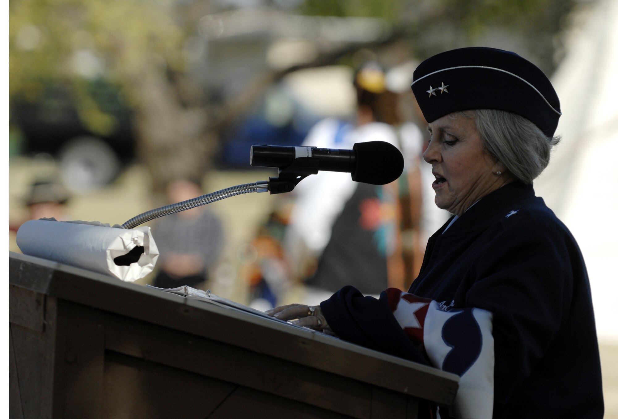 Altus Air Force Base, Okla -- Maj. Gen. LaRita A. Aragon, Air National Guard assistant to the deputy chief of satff of Staff Manpower and Personnel, speaks at the American Indian and Alaskan Native Heritage Celebration Pow Wow Nov. 7 at the parade field on base. General Aragon was the keynote speaker for the event. (U.S. Air Force by Senior Airman Joshua DeMotts)