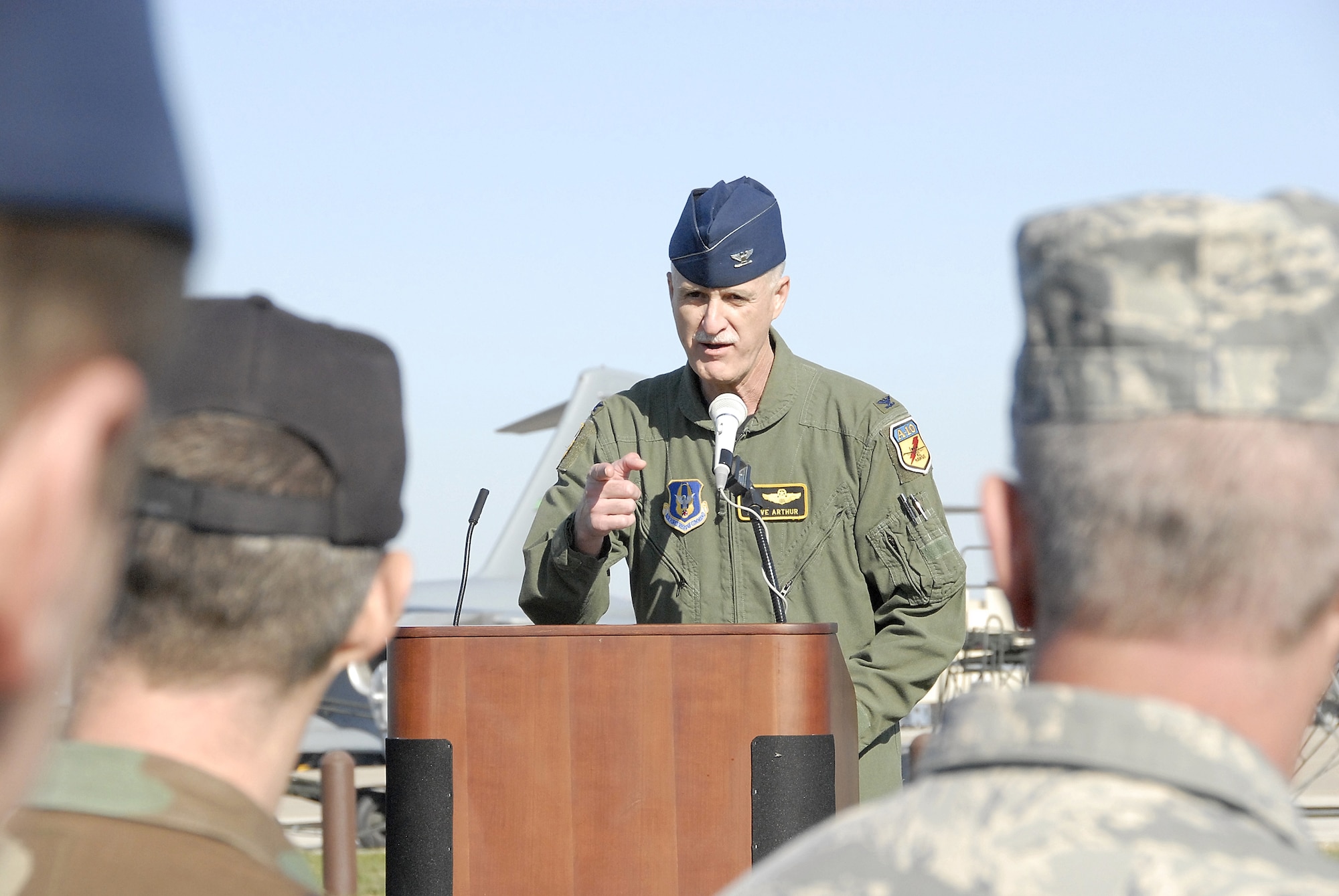 442nd Fighter Wing commander, Col. Steve Arthur, addresses those in attendance at the groundbreaking ceremony for a new operations building for the wing's 303rd Fighter Squadron. The 442nd FW is an Air Force Reserve A-10 Thunderbolt II unit at Whiteman AFB, Mo. (US Air Force photo/ Master Sgt. Bill Huntington)