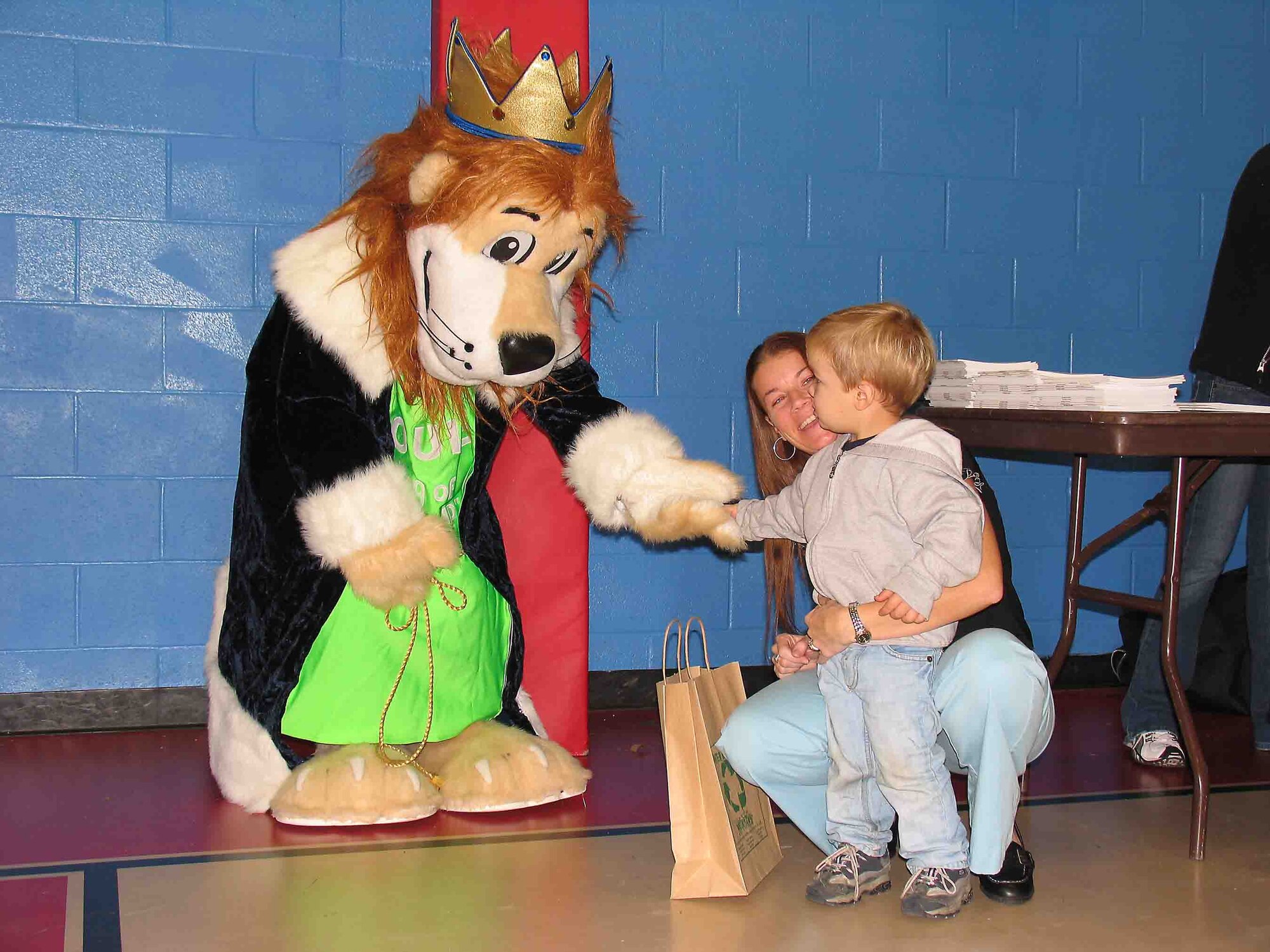 SHAW AIR FORCE BASE, S.C. -- Louie the Lion, mascot for Palmetto Pride - Keep South Carolina Beautiful, congratulates Chase, son of Julie Denton, 20th Services Squadron, on a job well done after the youngster explained the basics of home recycling Nov. 15 during America Recycles Day. ARD is the only nationally recognized day dedicated to encouraging Americans to recycle and to buy recycled products. (Courtesy photo)
