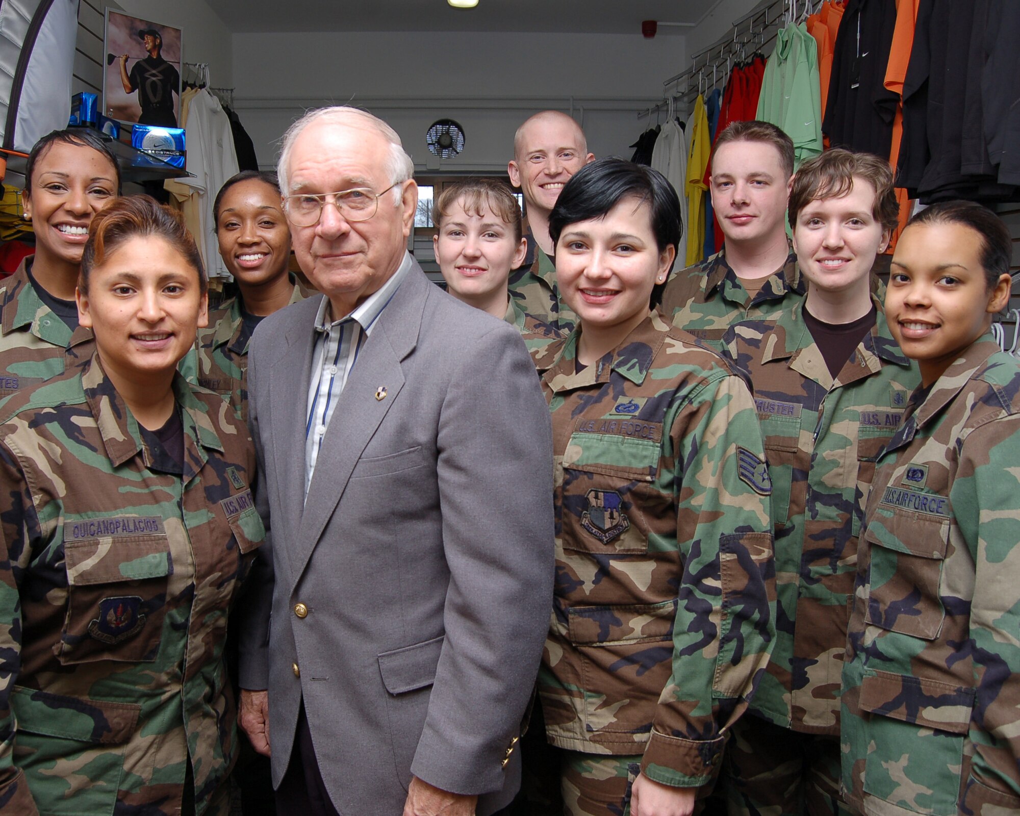Retired Chief Master Sgt. of the Air Force Sam E. Parish meets with members of the 52nd Fighter Wing staff agencies during a visit here Nov. 15. Chief Parish was the 8th Chief Master Sgt. of the Air Force. U.S. Air Force photo/Chief Master Sgt. Vance Clarke