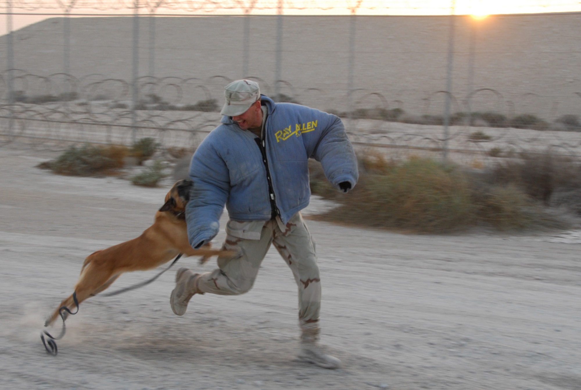 SOUTHWEST ASIA - 2nd. Lt. Anthony Prose, 379th Expeditionary Security Forces Squadron, along with Roxy, military working dog, demonstrate MWDs ability to restrain resisting subjects to a group of company grade officers at a Southwest Asia air base Nov. 17. (U. S. Air Force photo/Staff Sgt. Douglas Olsen)