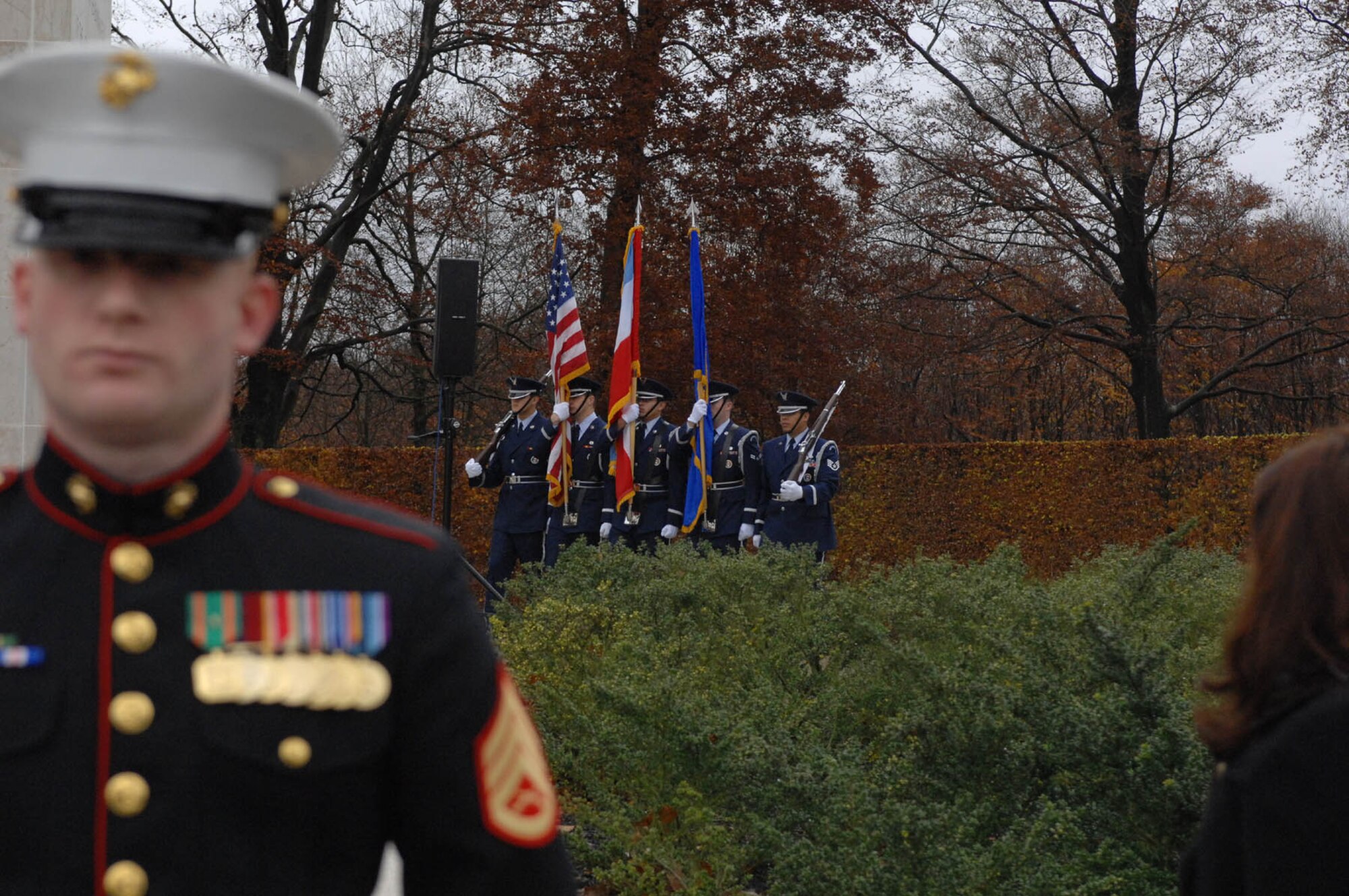 SPANGDAHLEM AIR BASE, Germany -- Airmen from the 52nd Fighter Wing presents the colors at the Veterans Day Wreath Laying Ceremony held at Luxembourg American Cemetery and Memorial Nov. 11. (U.S. Air Force photo/Airman 1st Class Jenifer Calhoun)