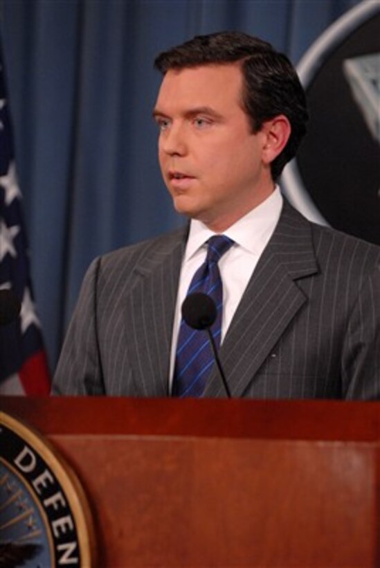 Pentagon Press Secretary Geoff Morrell listens to a reporter's question during a press briefing in the Pentagon on Nov. 20, 2007. 