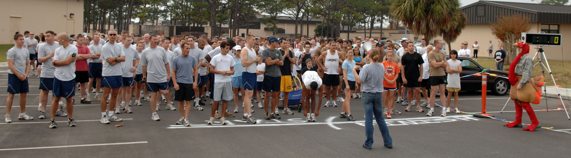 A flock of Airmen line up at the starting line of the 27th annual Hurlburt Field Turkey Trot Nov. 21. The five-kilometer run was sponsored by the 1st Special Operations Services Squadron and included various gifts and door prizes. 