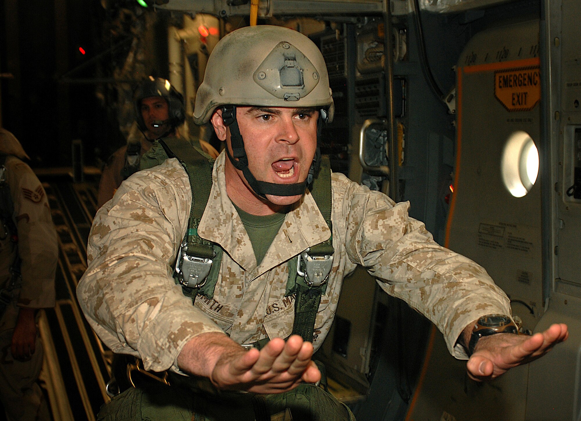 Marine Corps Gunnery Sgt. Nathan Smith prepares to jump from a Charleston Air Force Base, S.C., C-17 Gloemeater III aircraft into Cairo, Egypt, Nov. 10 as part of Exercise Bright Star 2007. (U.S Air Force photo/Staff Sgt. Aaron Allmon)