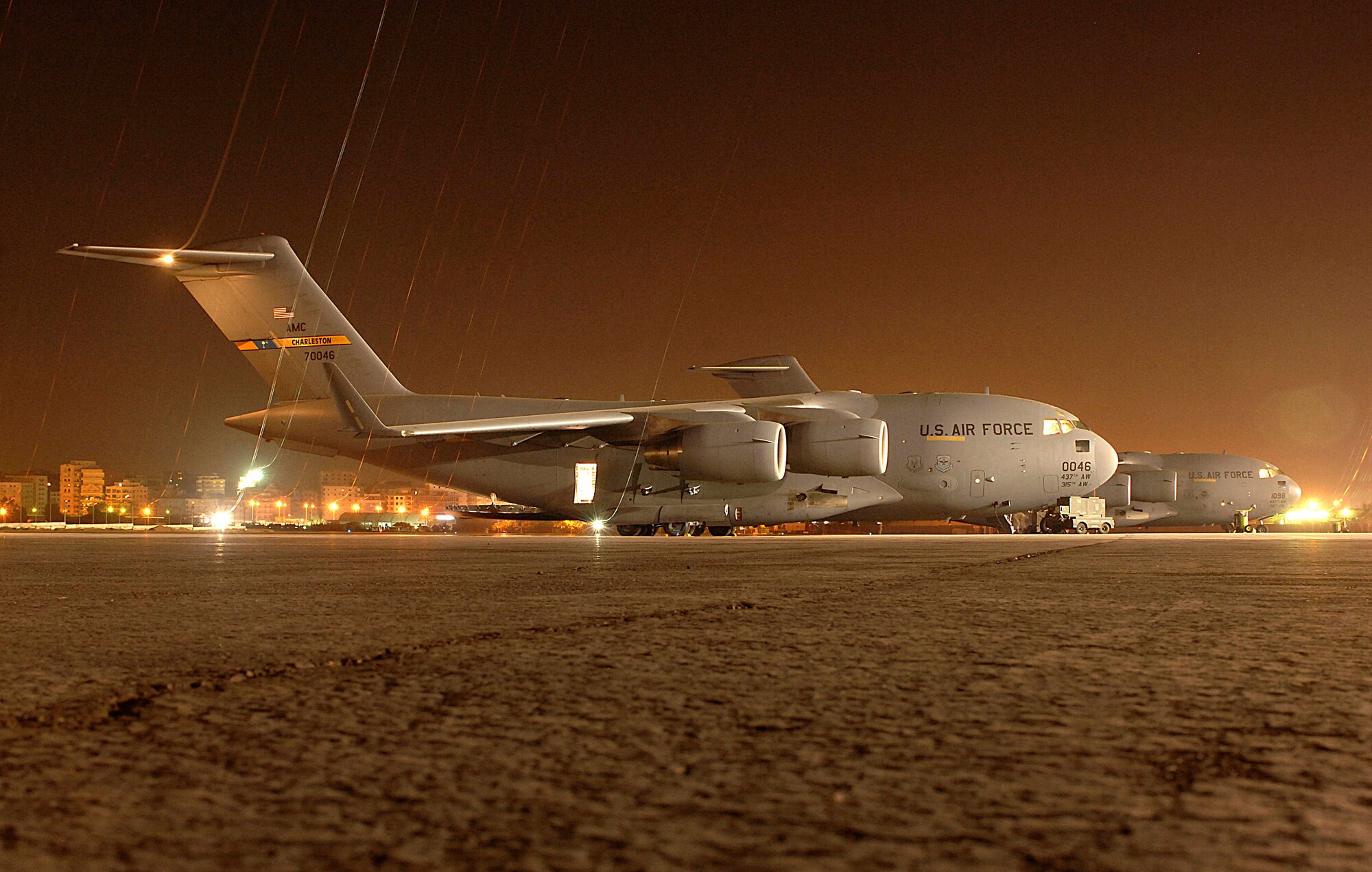 A C-17 Gloemeater III awaits authorization for take off in preparation to drop paratroopers into Cairo, Egypt, Nov. 10 as part of Exercise Bright Star 2007. The C-17 is from Charleston Air Force Base, S.C.  (U.S Air Force photo/Staff Sgt. Aaron Allmon)