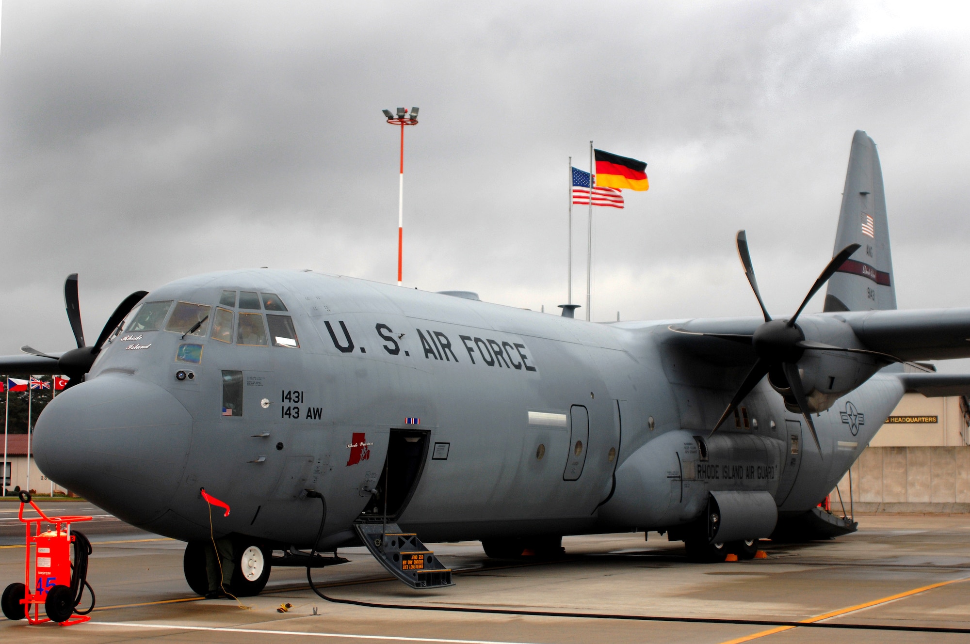 A new J model C-130 Hercules aircraft is prepped for take off Nov. 8 at Ramstein Air Base, Germany. Starting 2009-2011, the C-130J will began to replace the aging C-130Es at Ramstein. (U.S. Air Force photo/Airman 1st Class Kenny Holston) 










