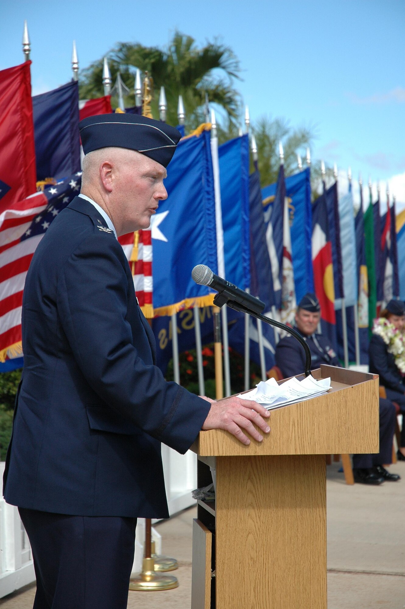 Col. John L. Morris, new 624th Regional Support Group commander,  addresses the group immediately after taking command during the change of command ceremony at Hickam AFB, Hawaii.  (U.S. Air Force photo/Staff Sgt. Jennifer Chamberlin)