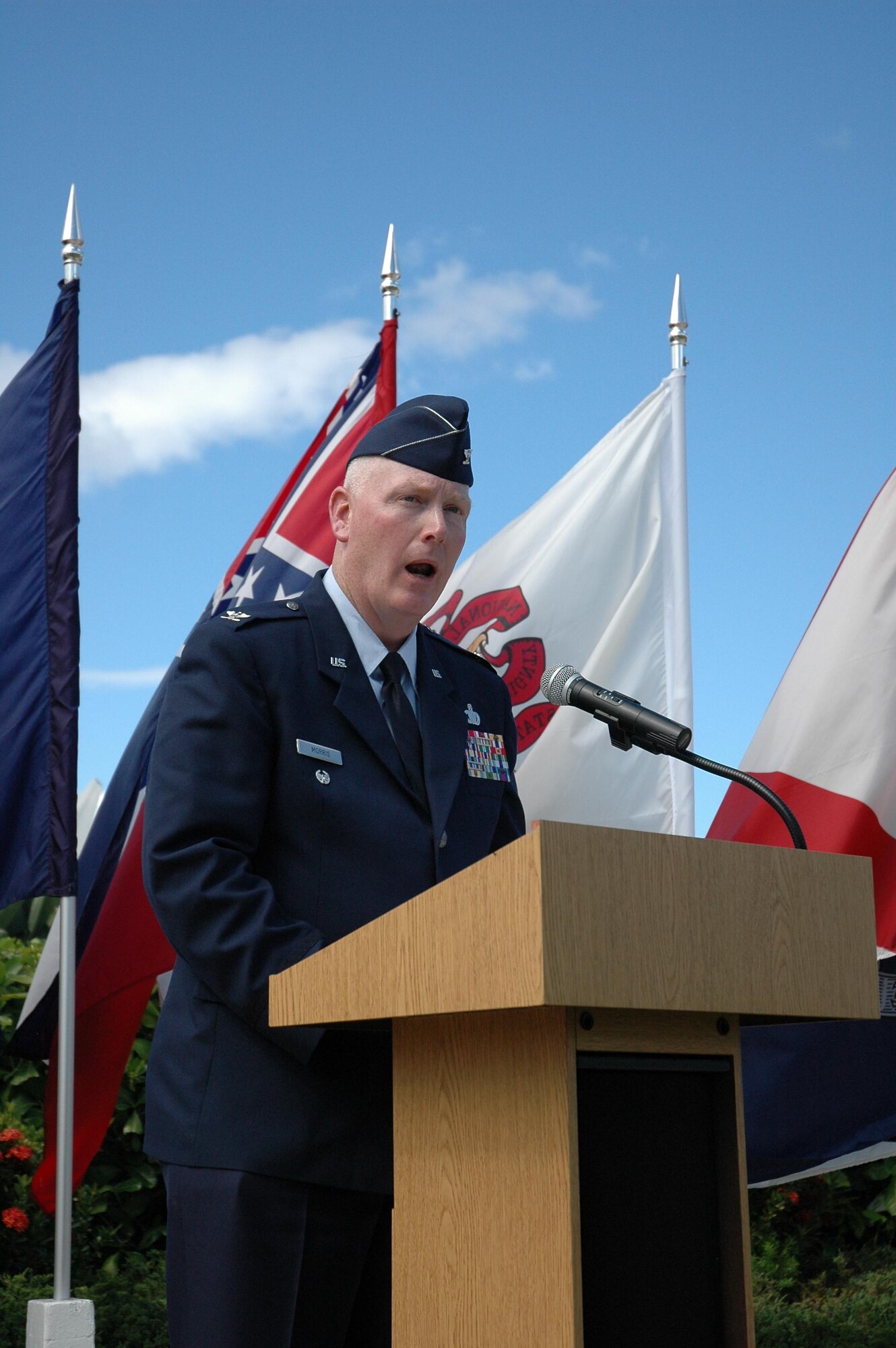 Col. John L. Morris, new 624th Regional Support Group commander,  addresses the group immediately after taking command during the change of command ceremony at Hickam AFB, Hawaii.  (U.S. Air Force photo/Staff Sgt. Jennifer Chamberlin)