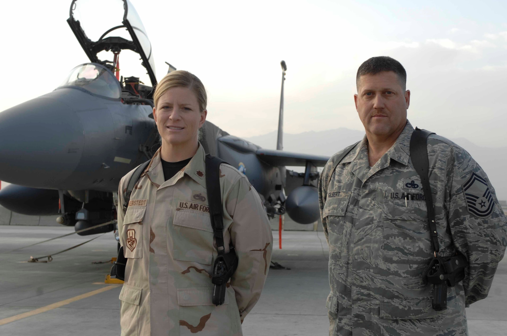 BAGRAM AIR BASE, Afghanistan - Maj. Jennifer Hammerstedt (left), commander of the 455th Expeditionary Maintenance Squadron and Senior Master Sgt. Brian Gilbert, Assistant Non-Commissioned Officer in Charge of the 336th Aircraft Maintenance Unit here, were recently named named Ninth Air Force’s nominees for Lieutenant General Leo Marquez Awards. The awards are considered by maintainers to be the most prestigious in the Air Force maintenance and munitions community and are based on job performance, efficiency and professional knowledge as well as contributions made to the Air Force as a whole. (U.S. Air Force Photo by Staff Sgt. Joshua Jasper)